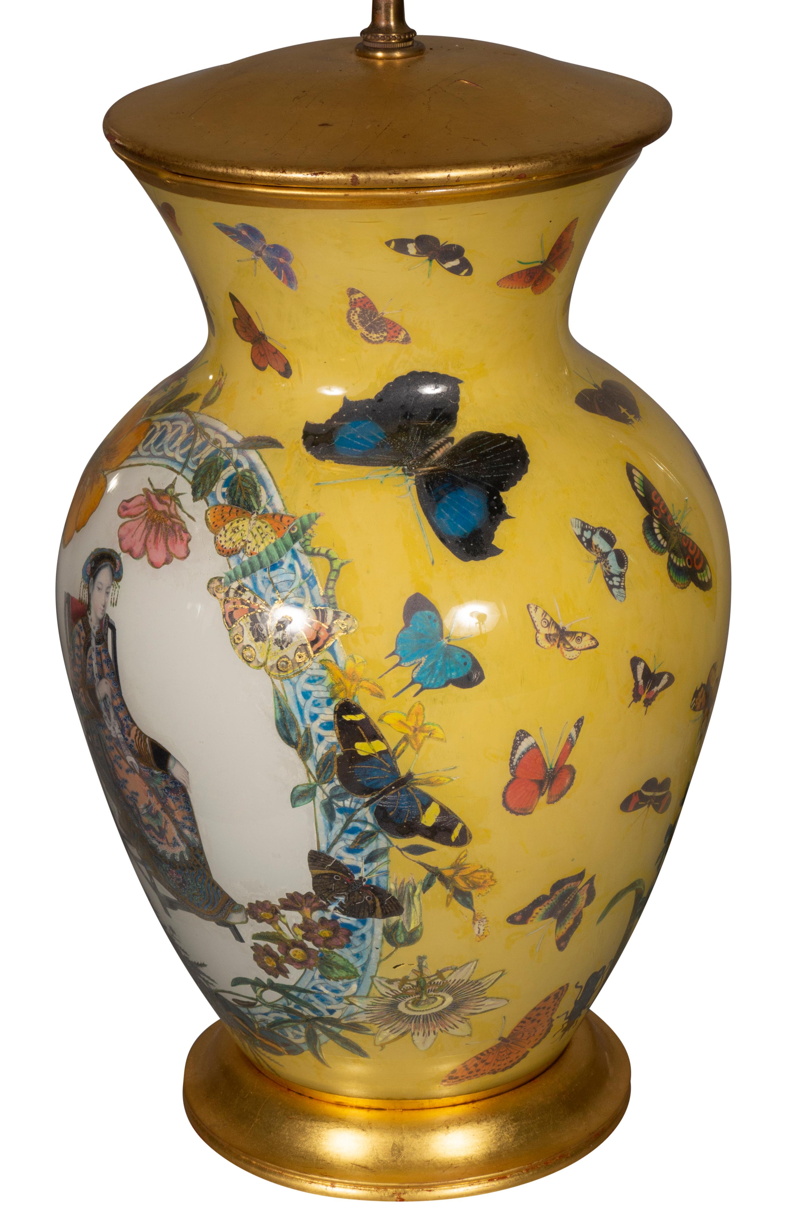 Pair of Yellow Decoupage Table Lamps For Sale 7
