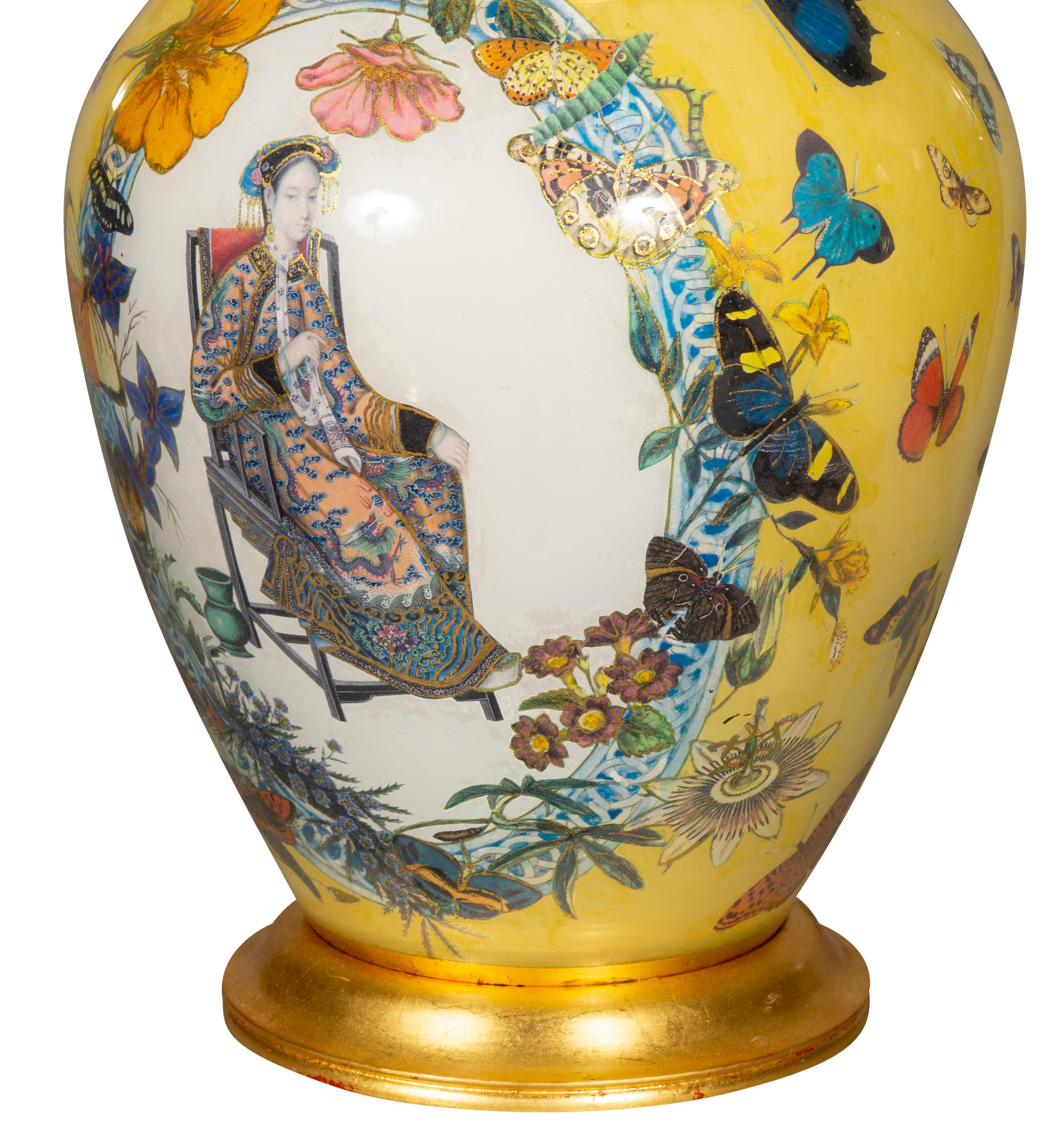 Pair of Yellow Decoupage Table Lamps For Sale 8