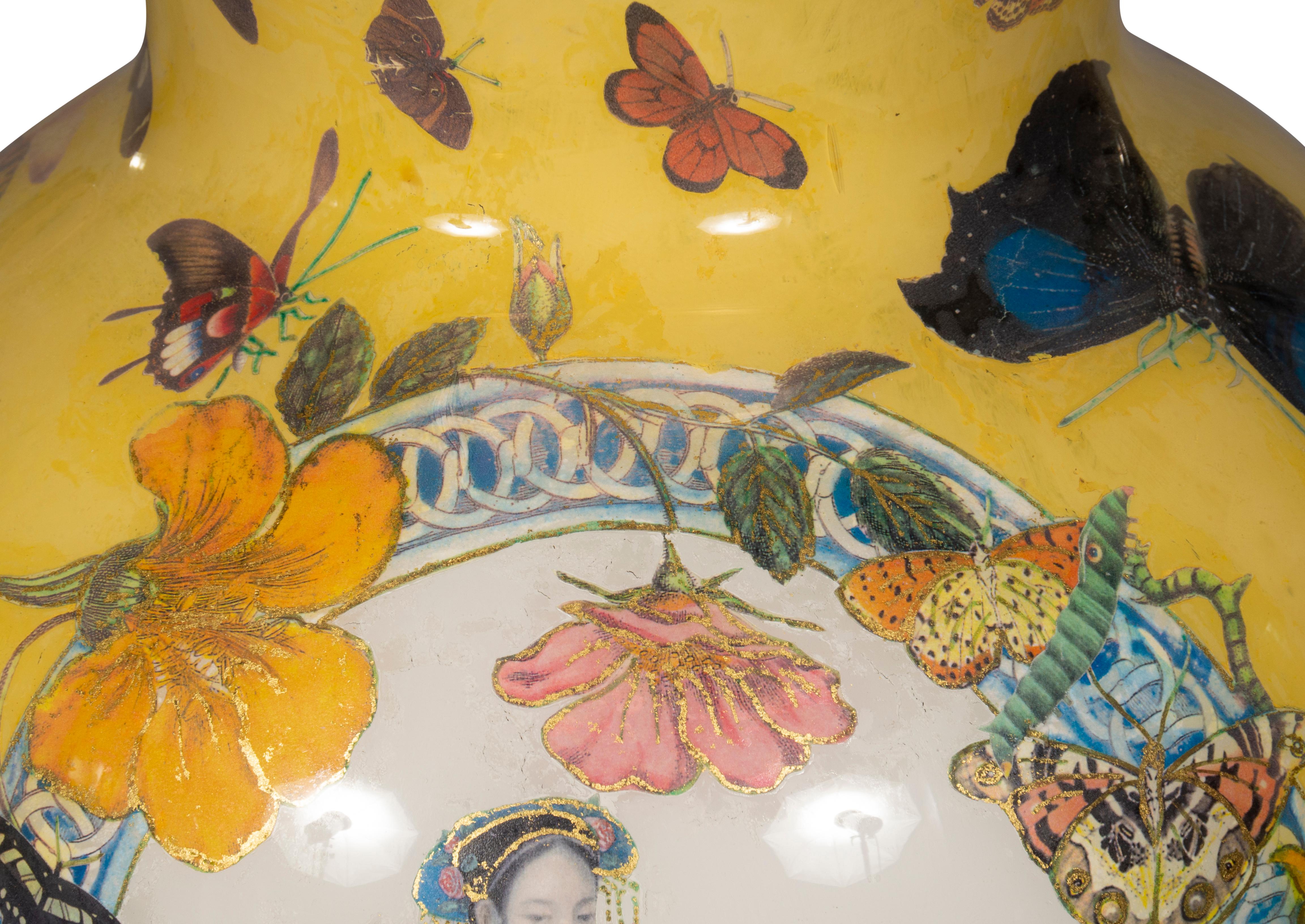 Pair of Yellow Decoupage Table Lamps For Sale 9