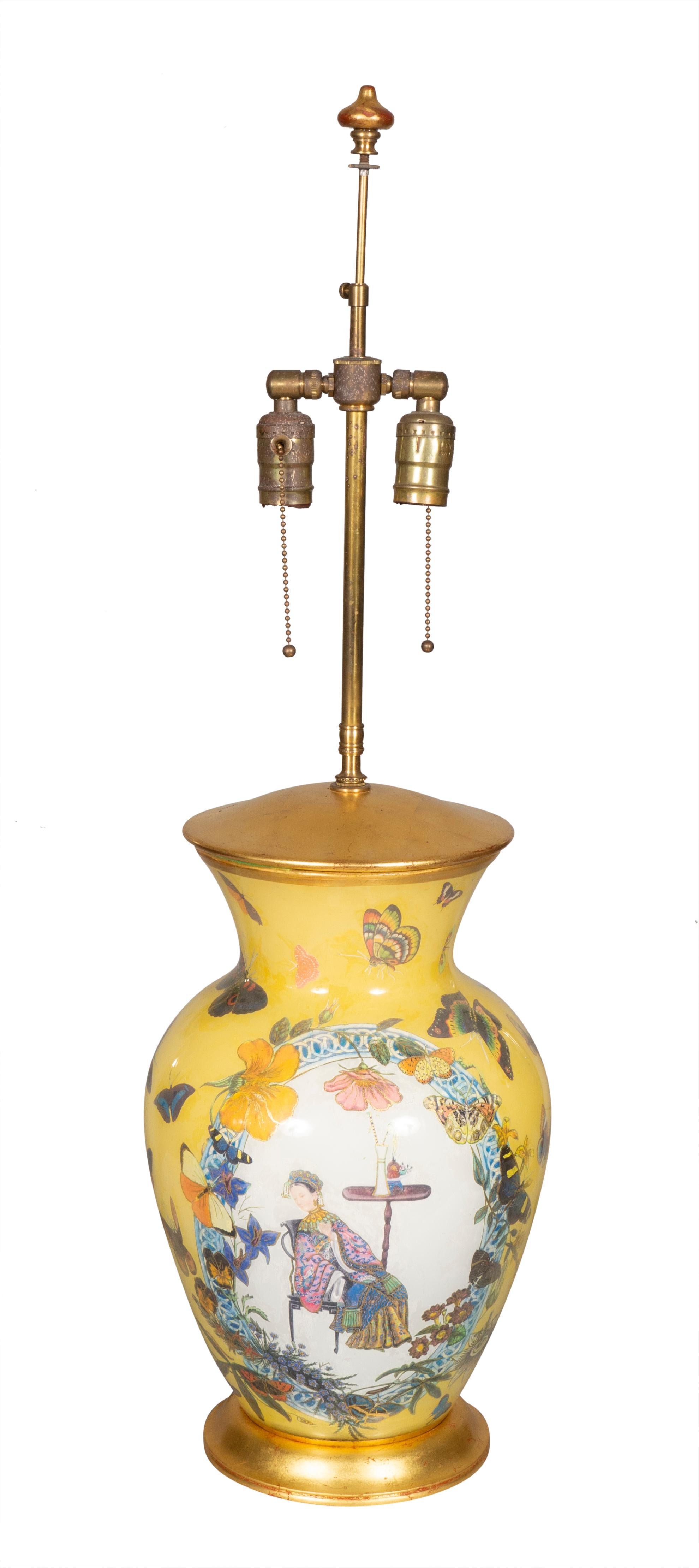 Pair of Yellow Decoupage Table Lamps For Sale 11