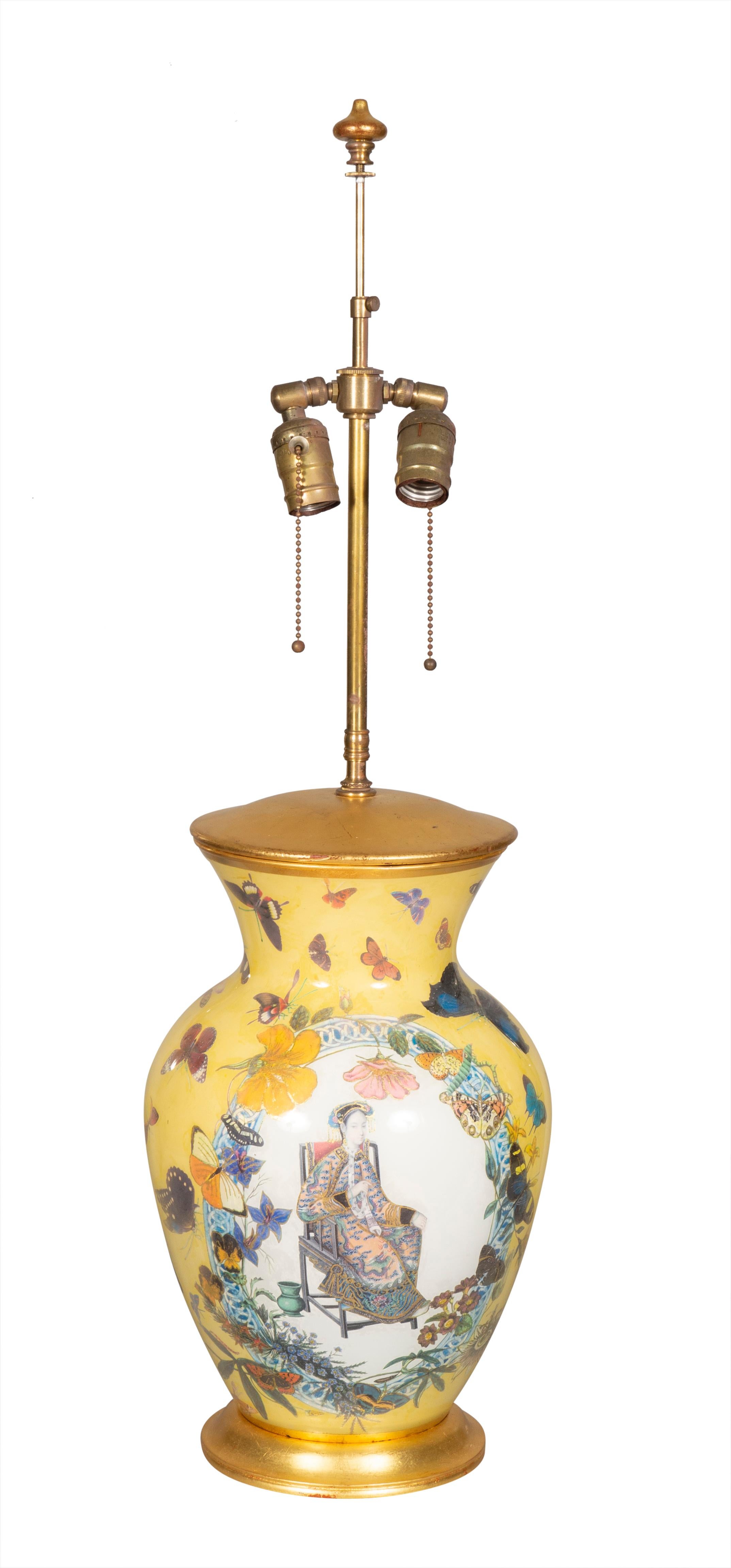 European Pair of Yellow Decoupage Table Lamps For Sale