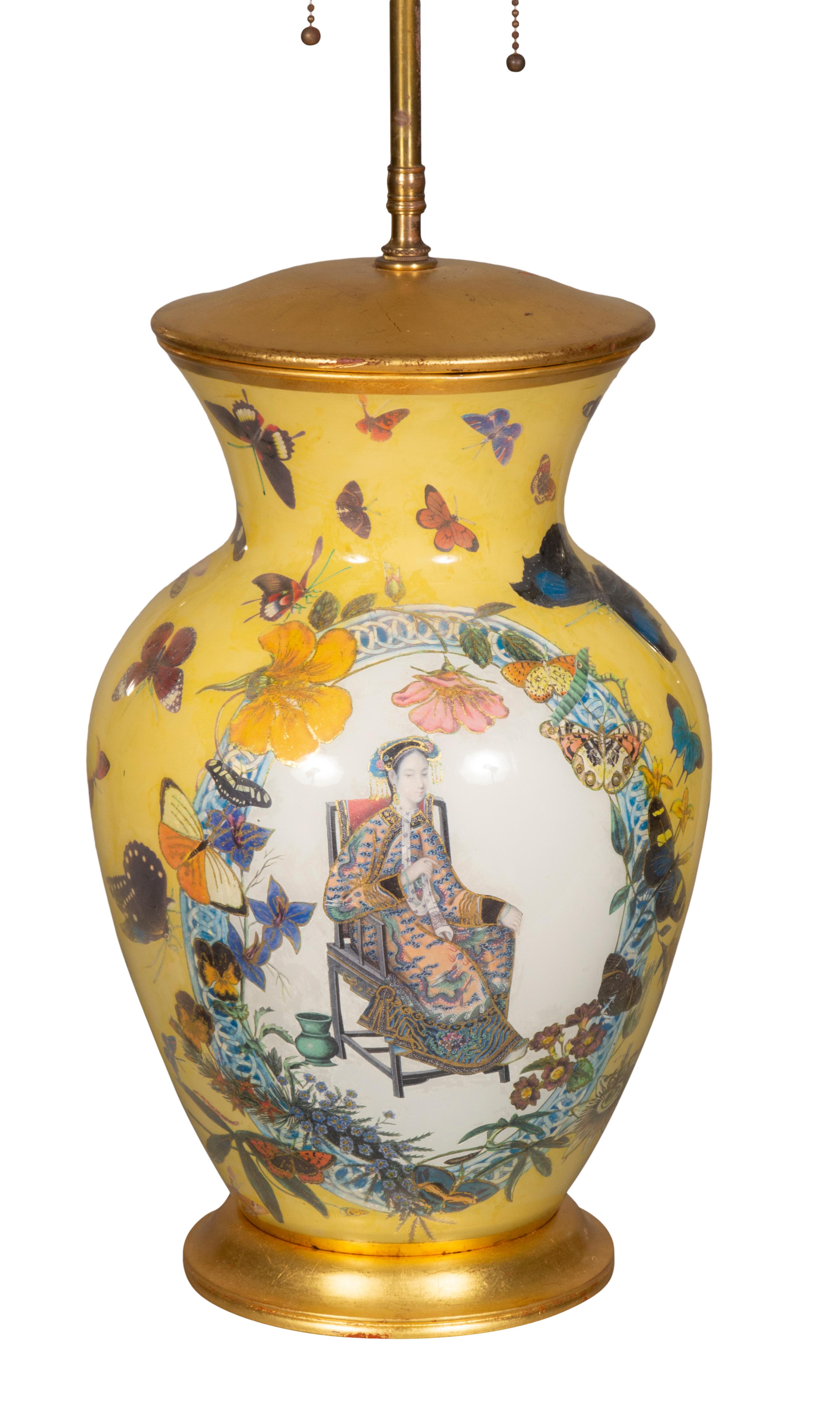 20th Century Pair of Yellow Decoupage Table Lamps For Sale
