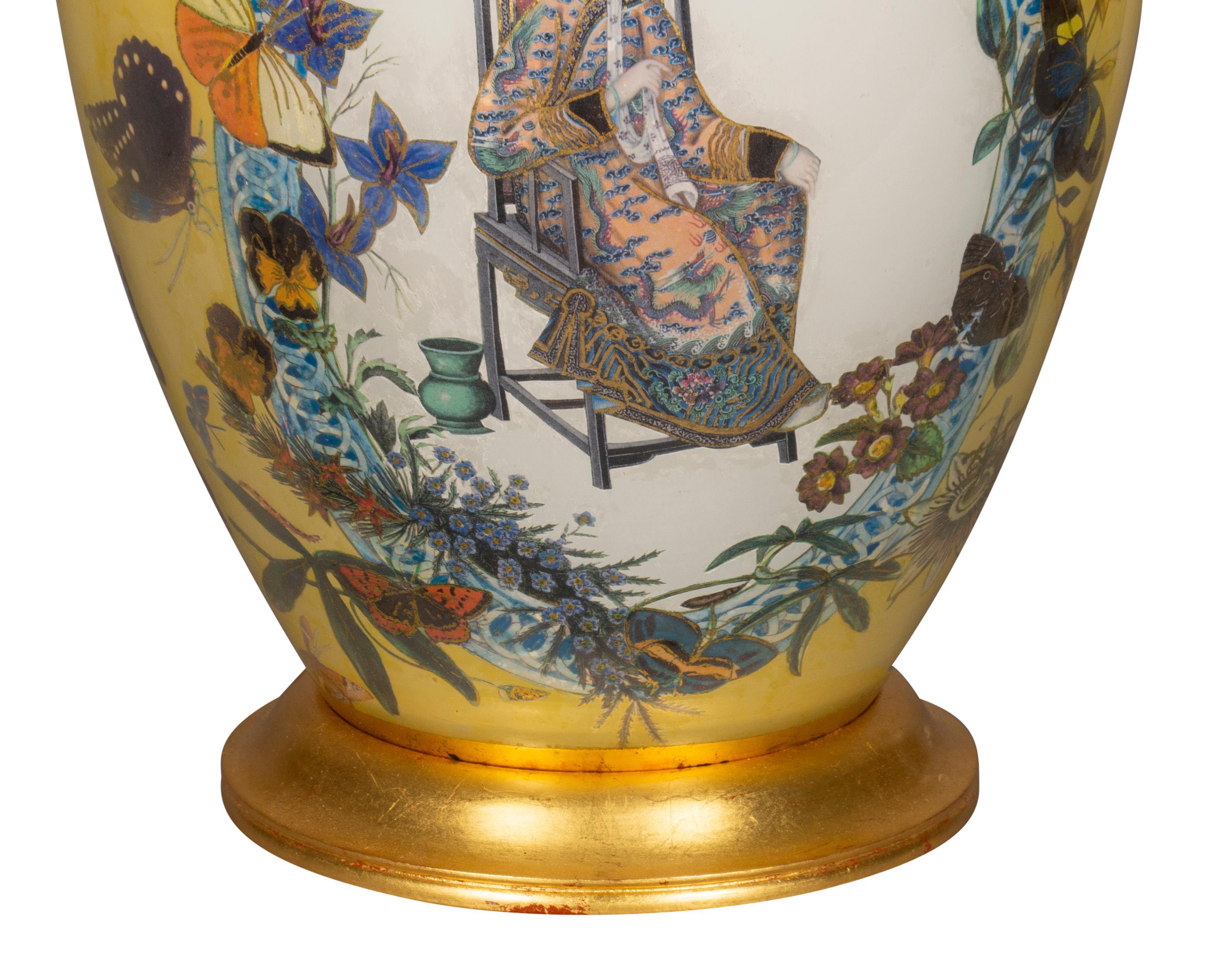 Glass Pair of Yellow Decoupage Table Lamps For Sale
