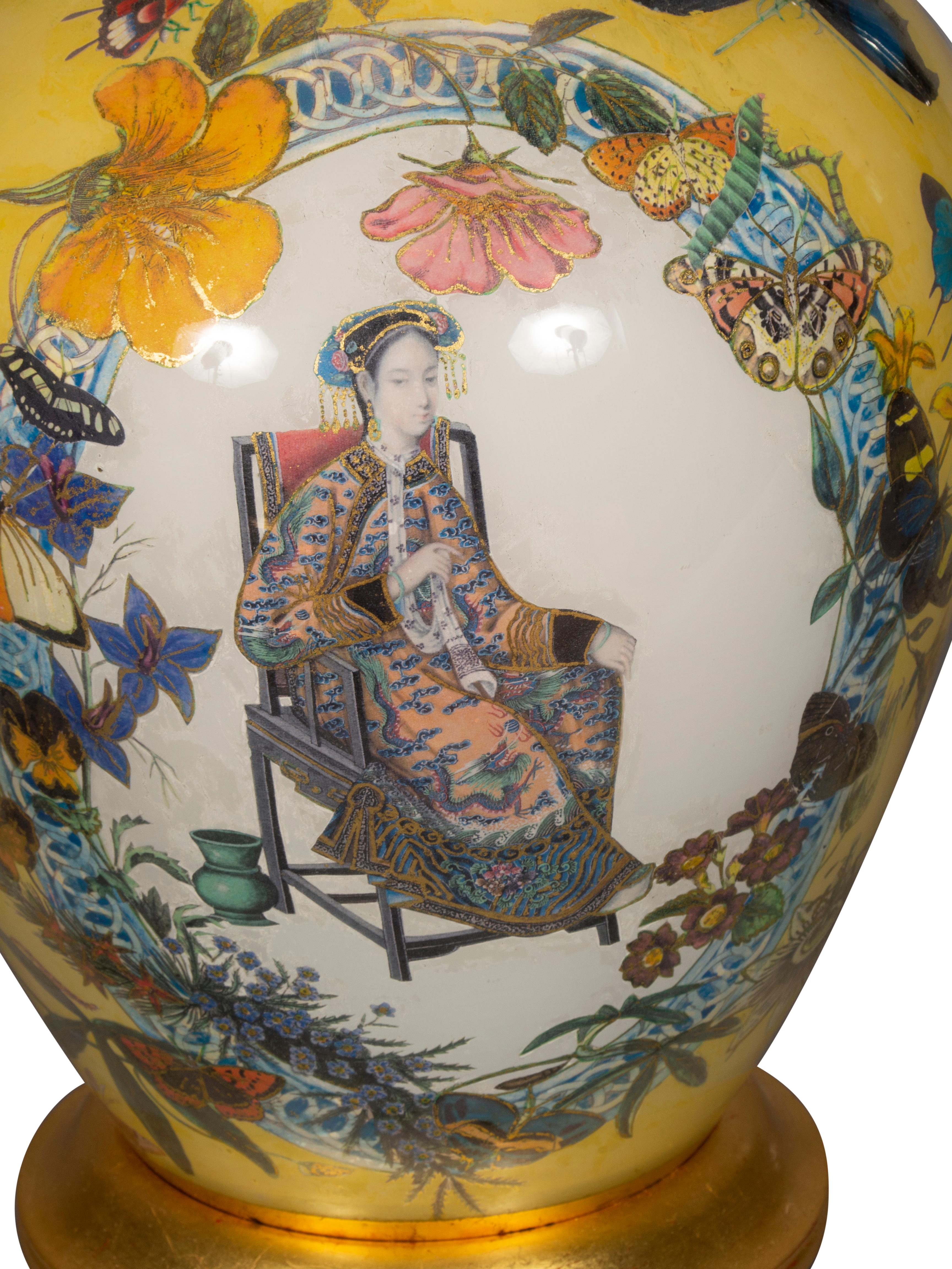Pair of Yellow Decoupage Table Lamps For Sale 1