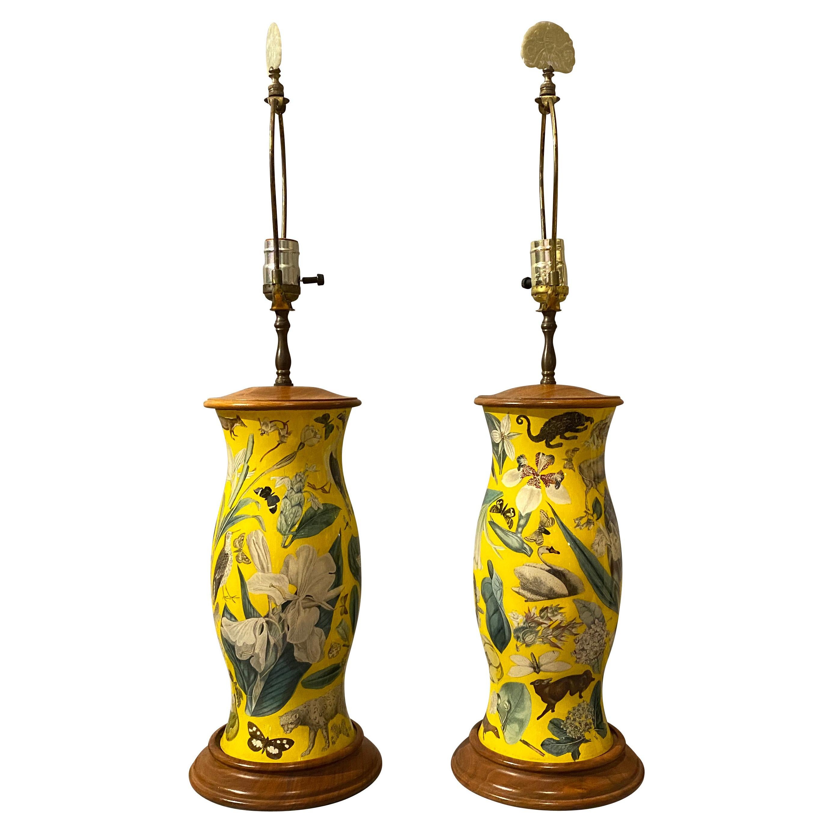 Pair of Yellow Decoupage Table Lamps