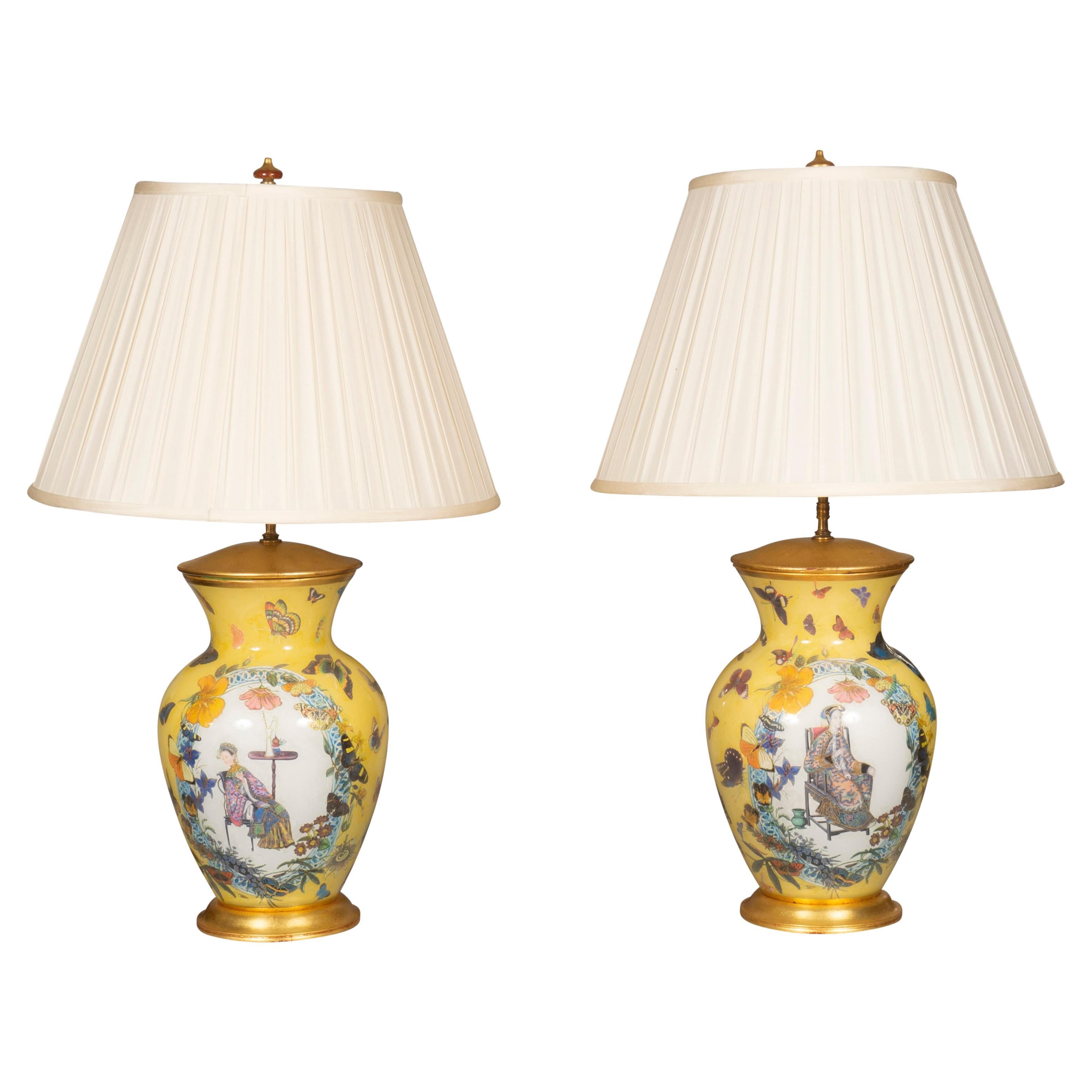 Pair of Yellow Decoupage Table Lamps