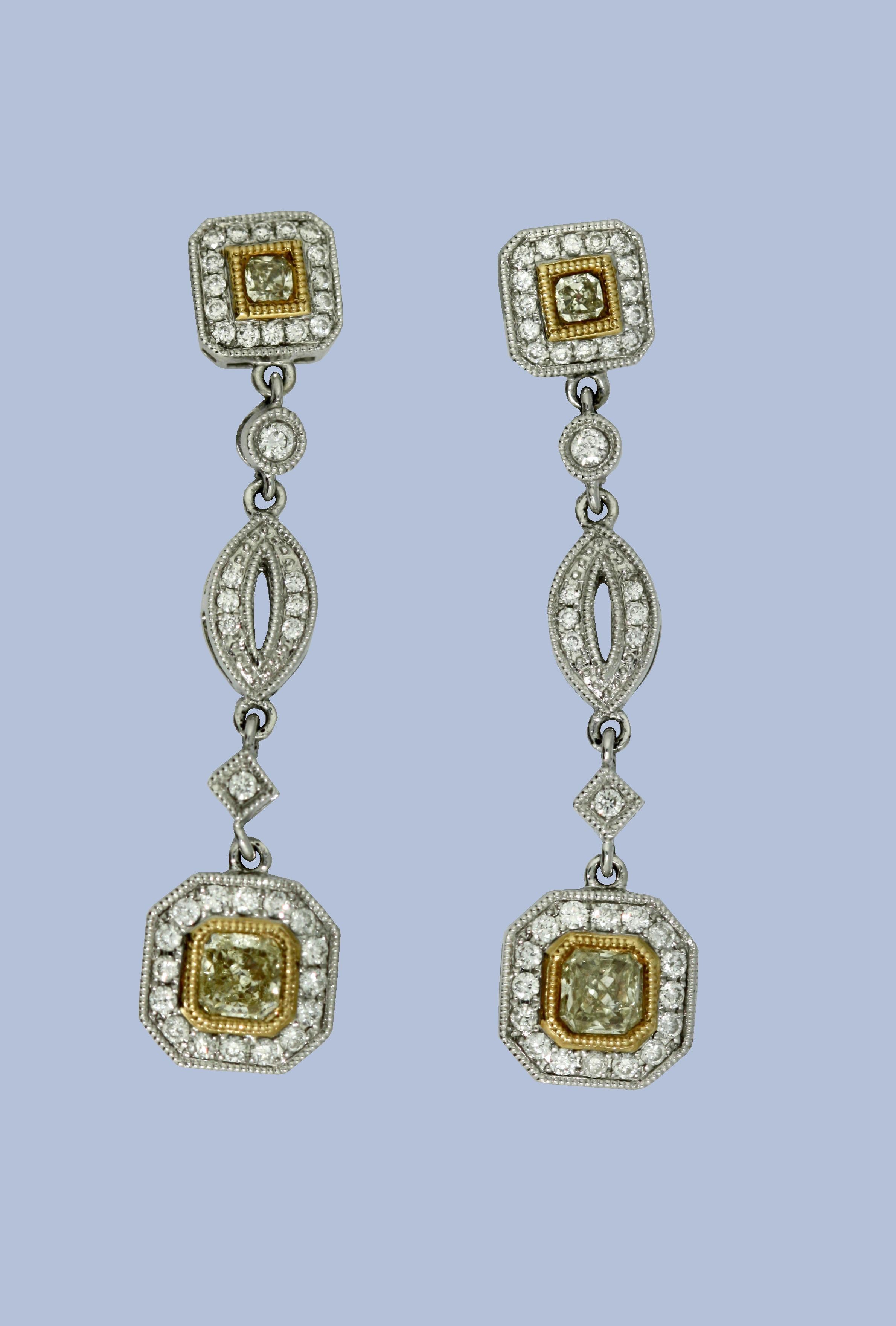 Women's or Men's Pair of Yellow Diamond and Diamond Earrings