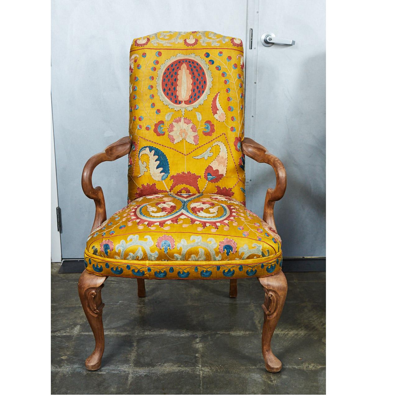 Queen Anne Pair of Yellow Embroidered Silk Queen Ann Style Armchairs