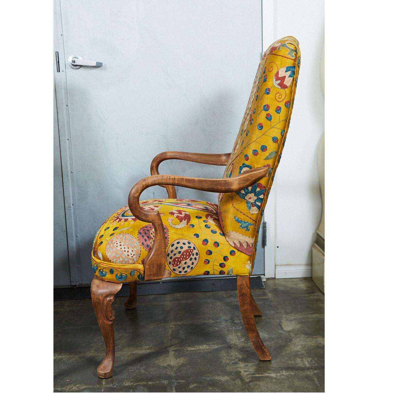 Italian Pair of Yellow Embroidered Silk Queen Ann Style Armchairs