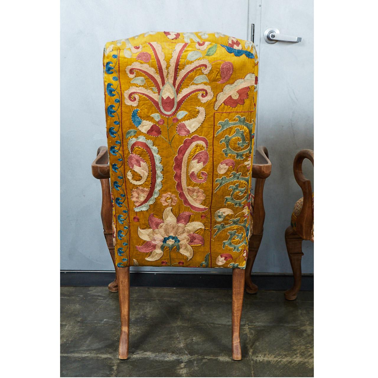 Beech Pair of Yellow Embroidered Silk Queen Ann Style Armchairs