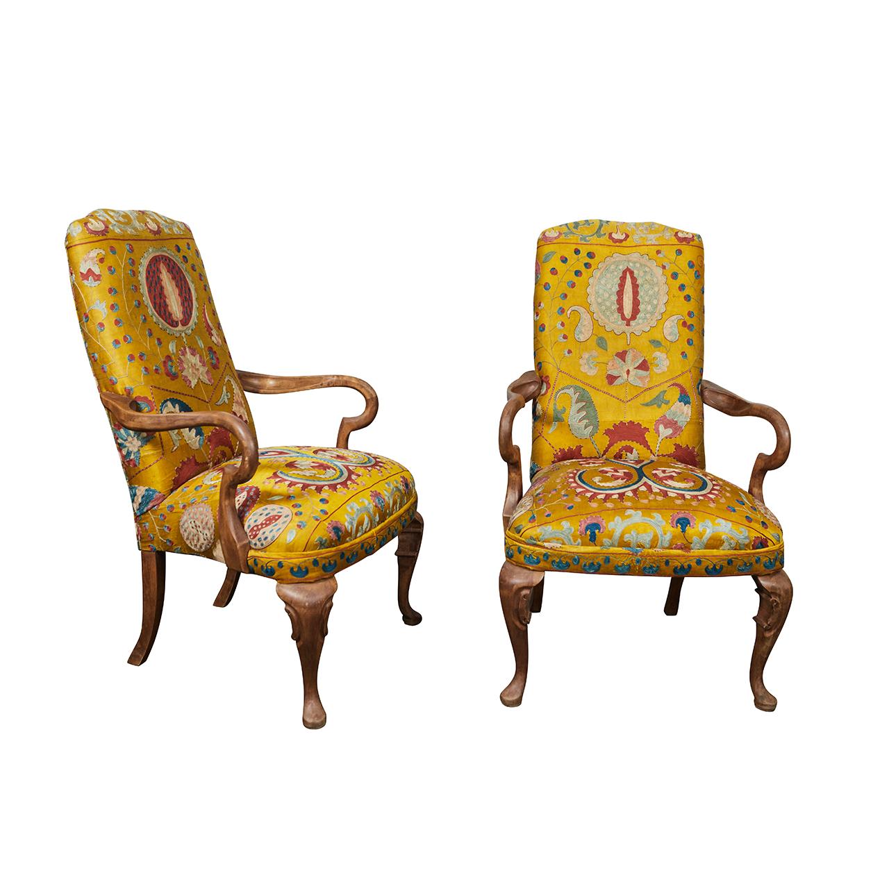 Pair of Yellow Embroidered Silk Queen Ann Style Armchairs