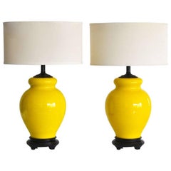 Vintage Pair of Yellow Glazed Ceramic Table Lamps