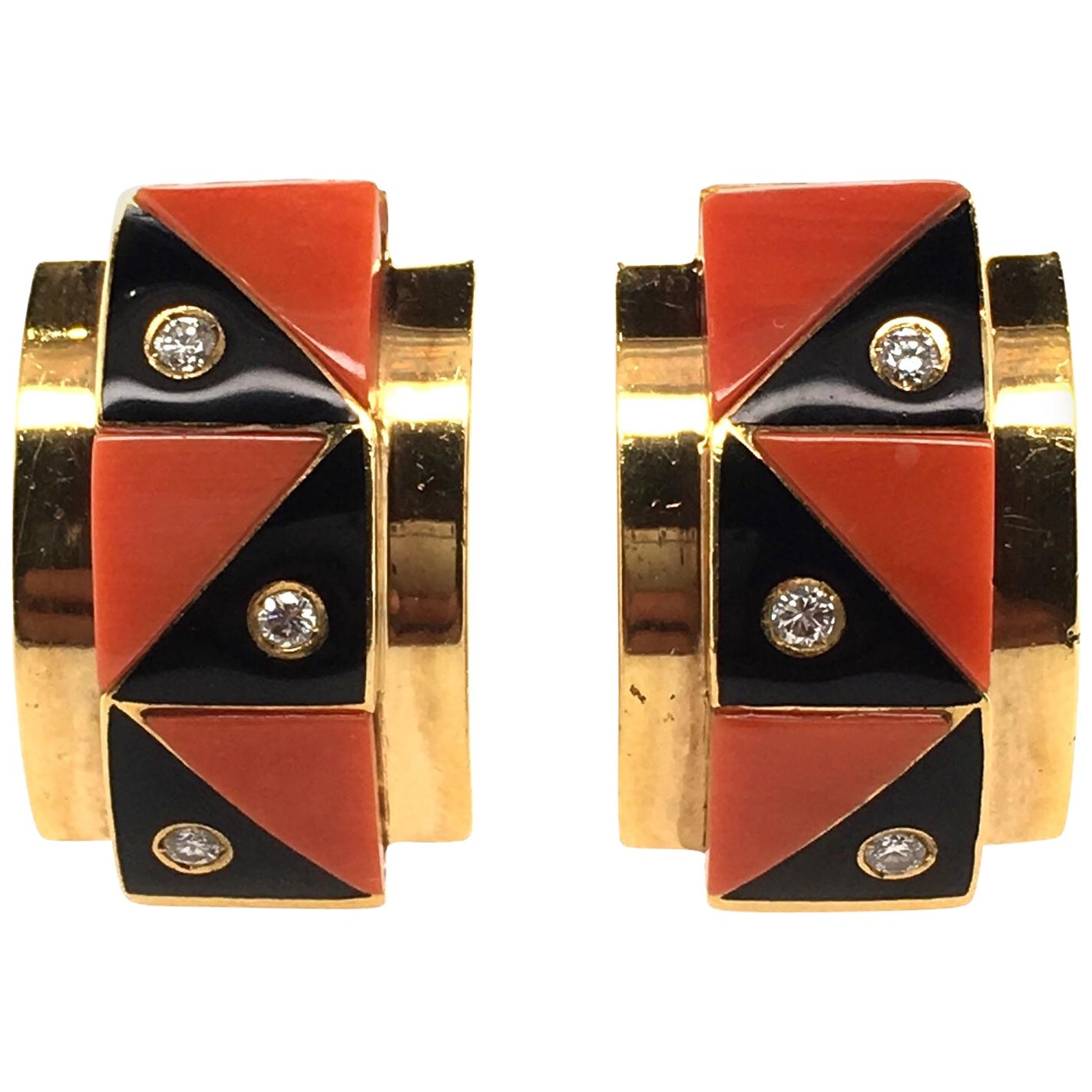 Pair of Yellow Gold, Coral, Black Onyx and Diamond Earrings