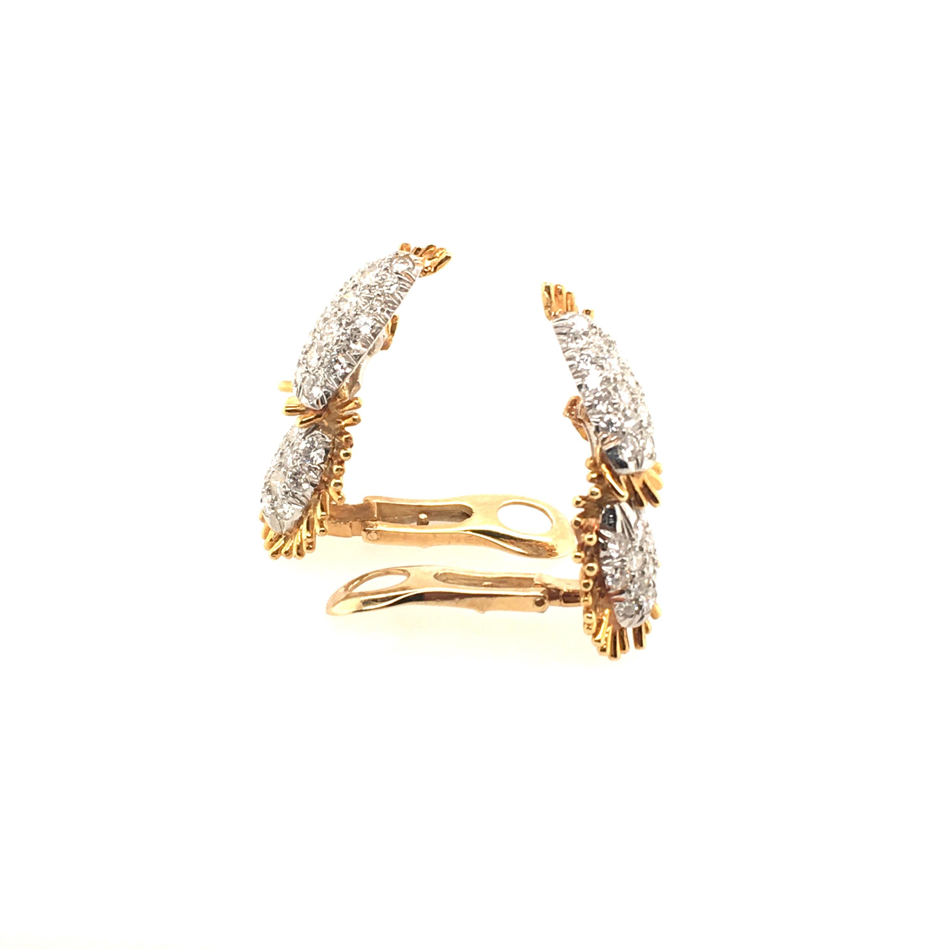 Contemporary Pair of Yellow Gold, Platinum and Diamond Earrings