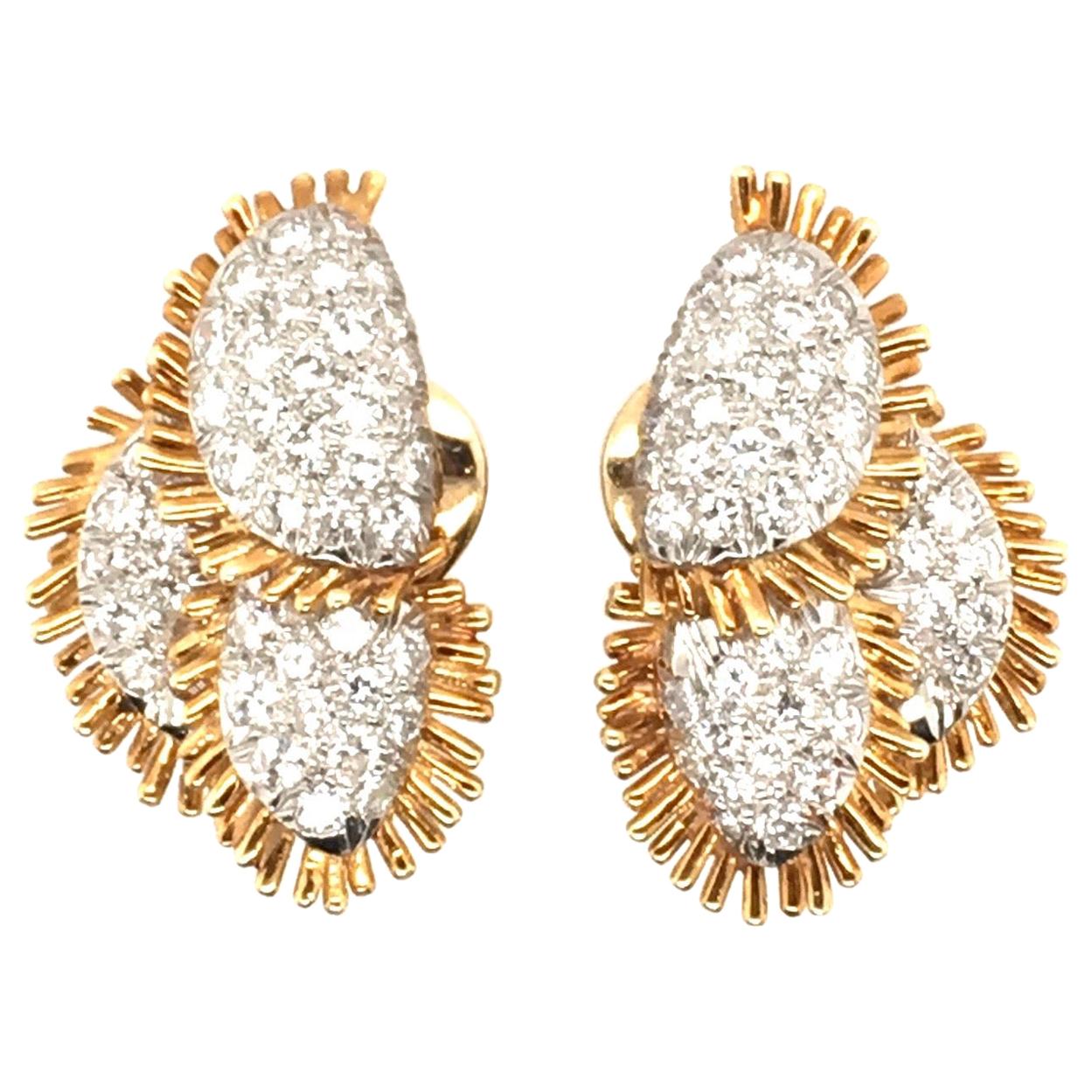 Pair of Yellow Gold, Platinum and Diamond Earrings