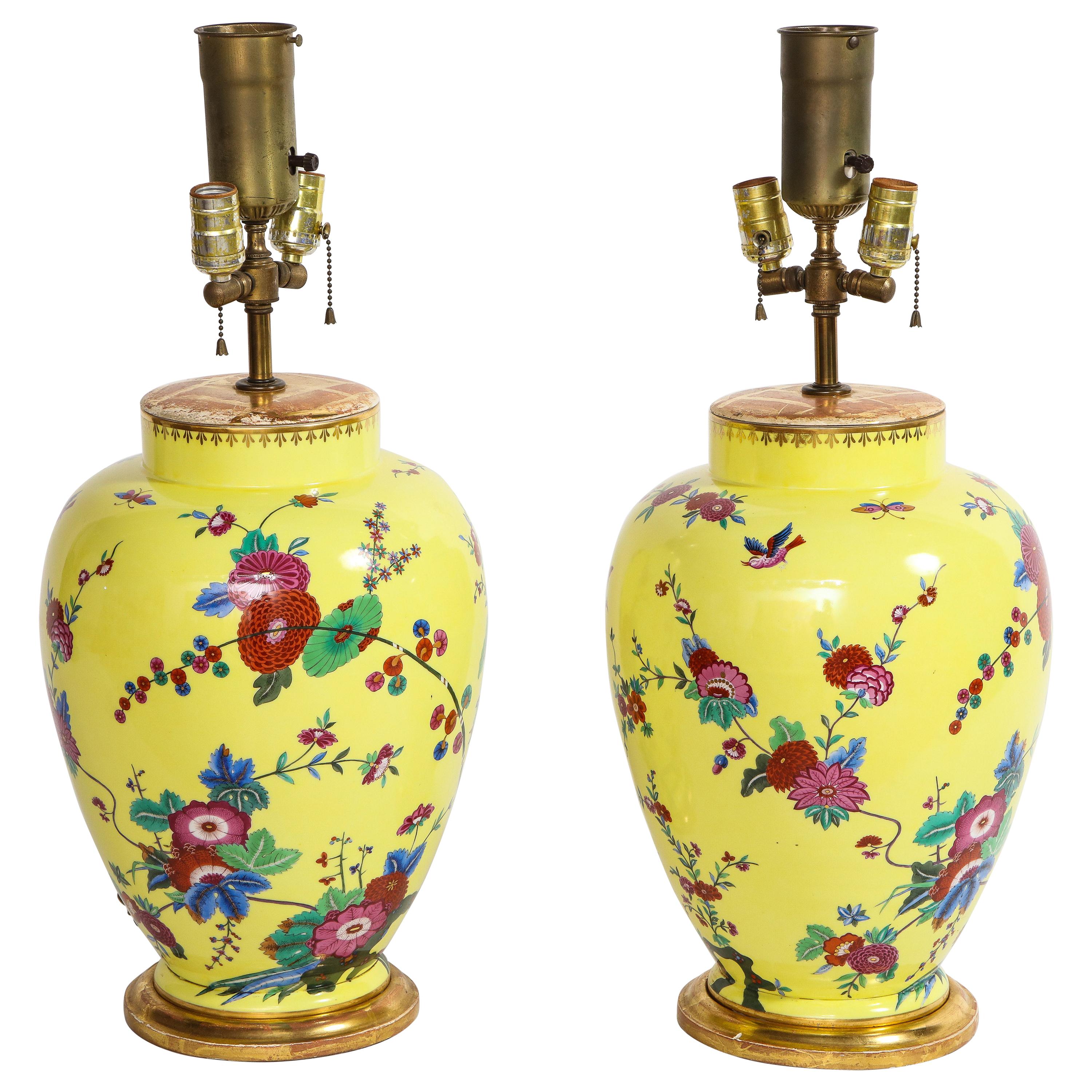 Pair of Yellow Ground German Porcelain Vases with Flower and Bird Decoration