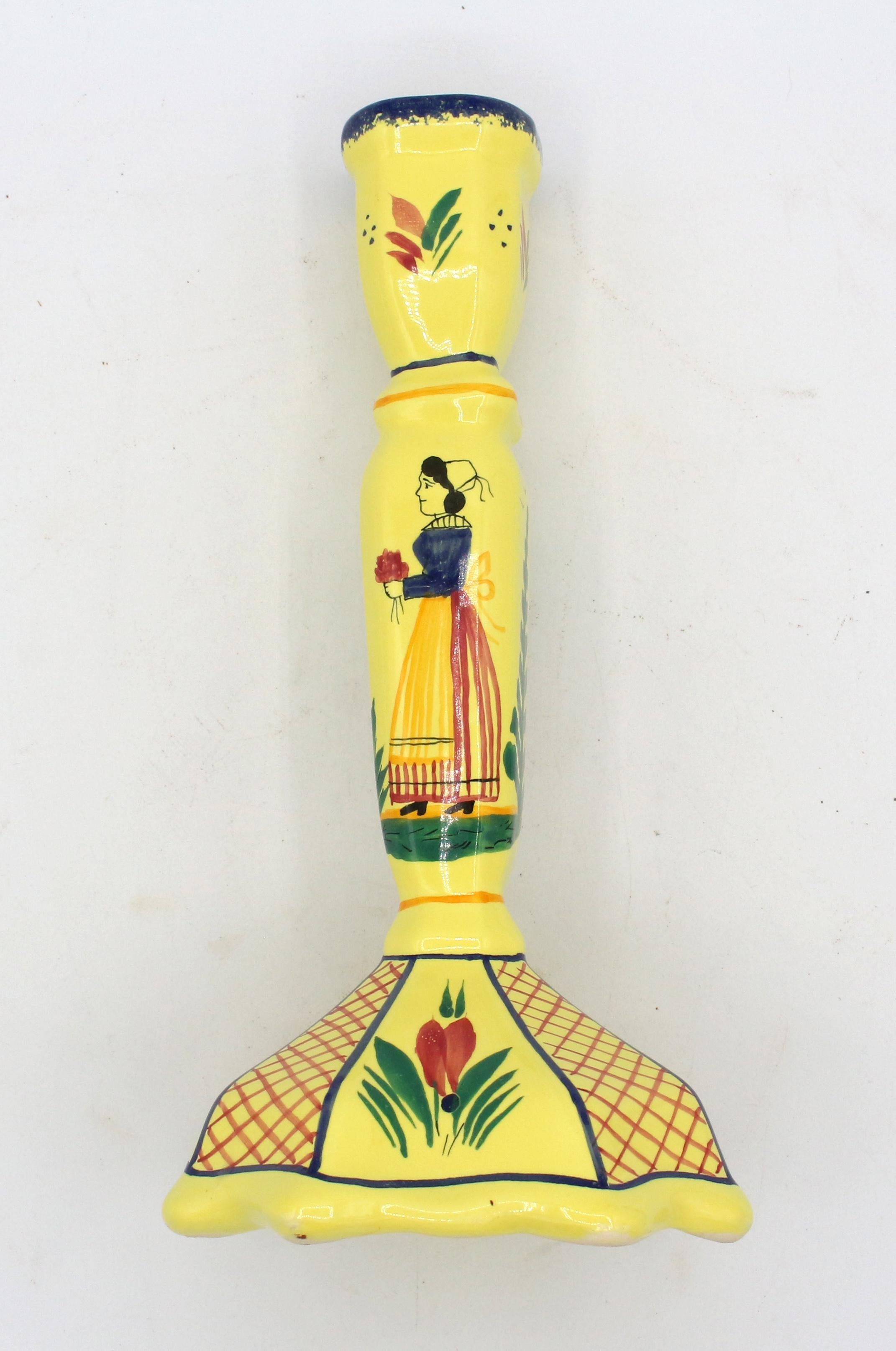Pair of Yellow Ground Quimper Candlesticks, Late 20th Century In Good Condition For Sale In Chapel Hill, NC