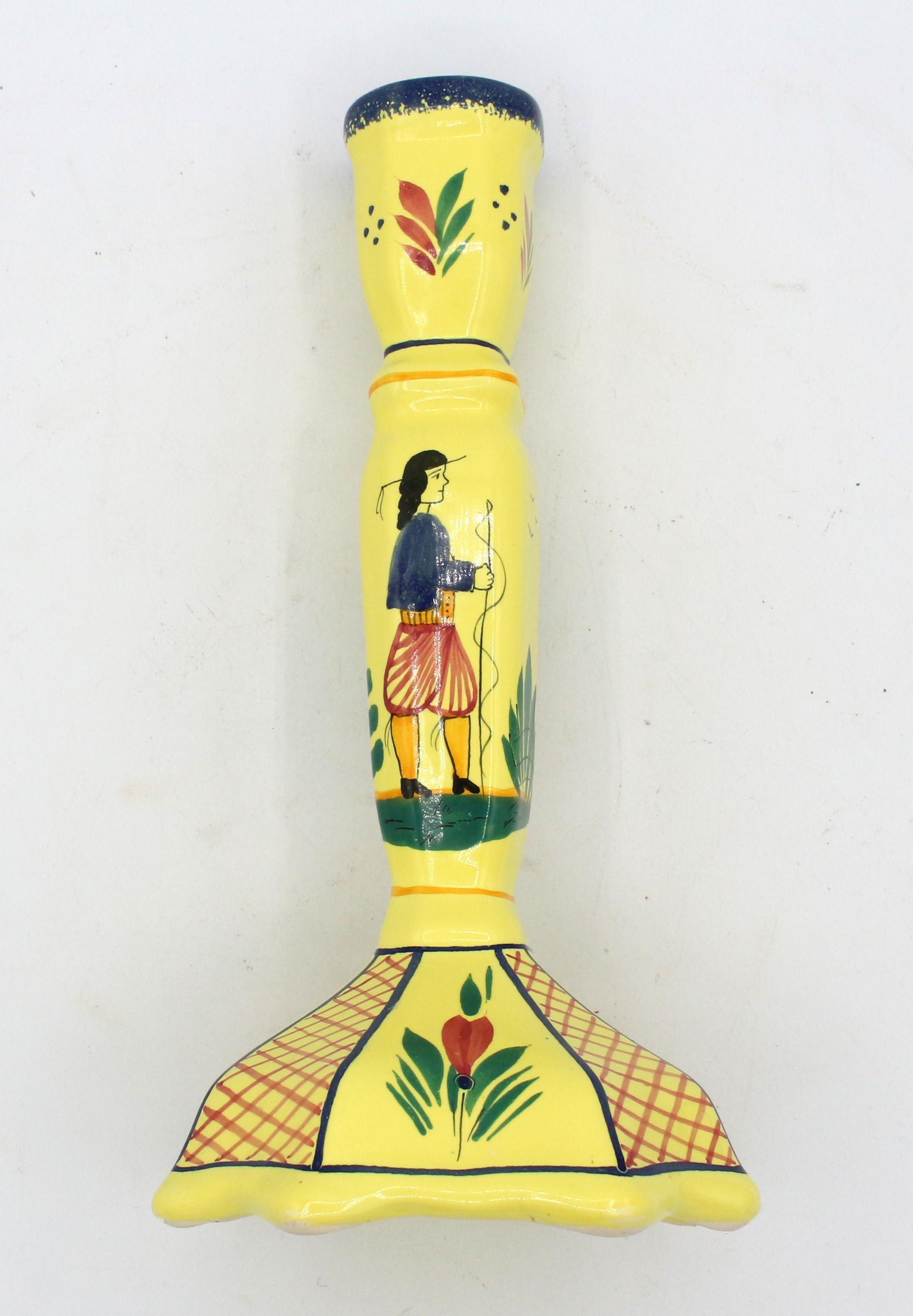Ceramic Pair of Yellow Ground Quimper Candlesticks, Late 20th Century For Sale