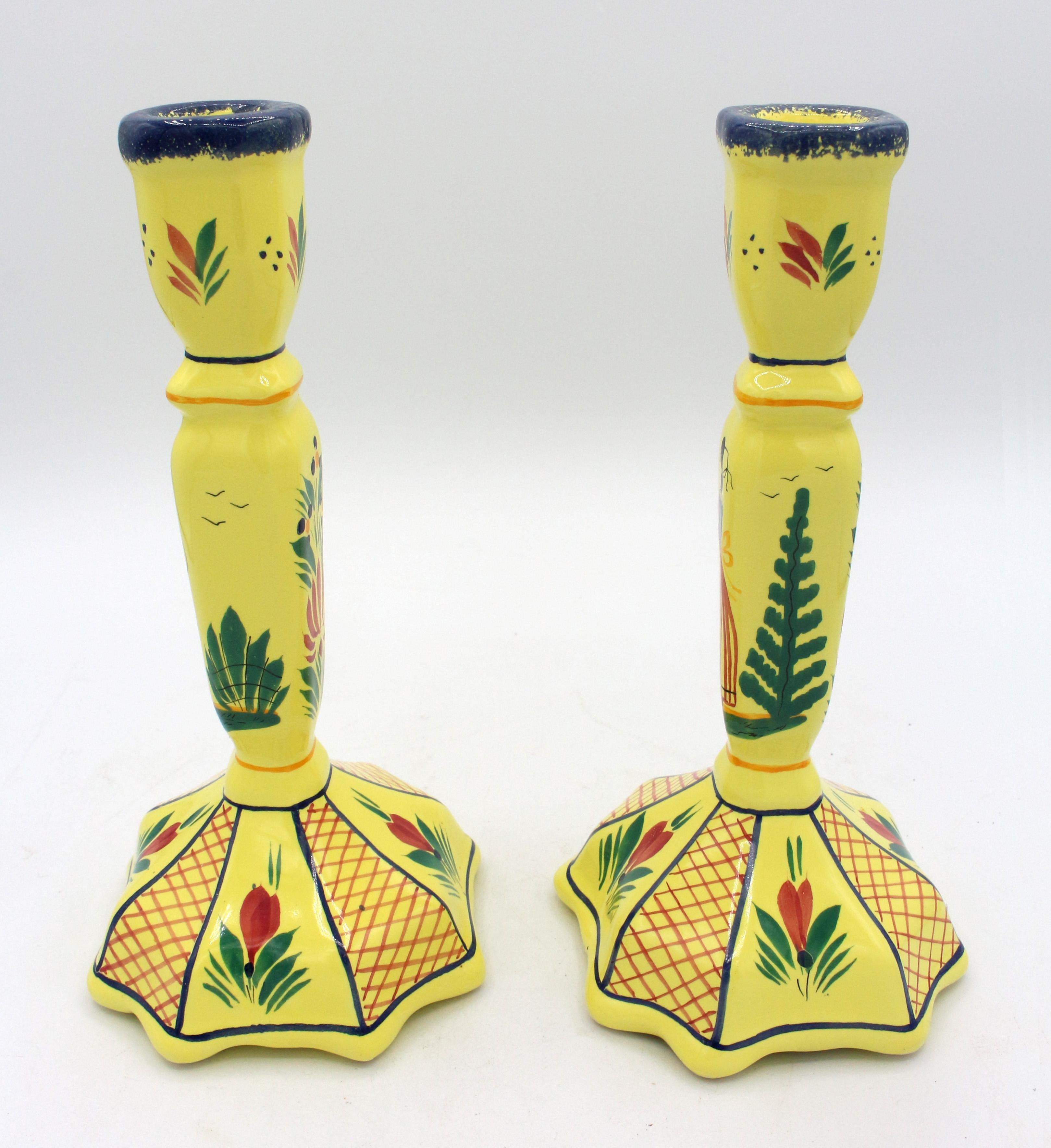 Country Pair of Yellow Ground Quimper Candlesticks, Late 20th Century