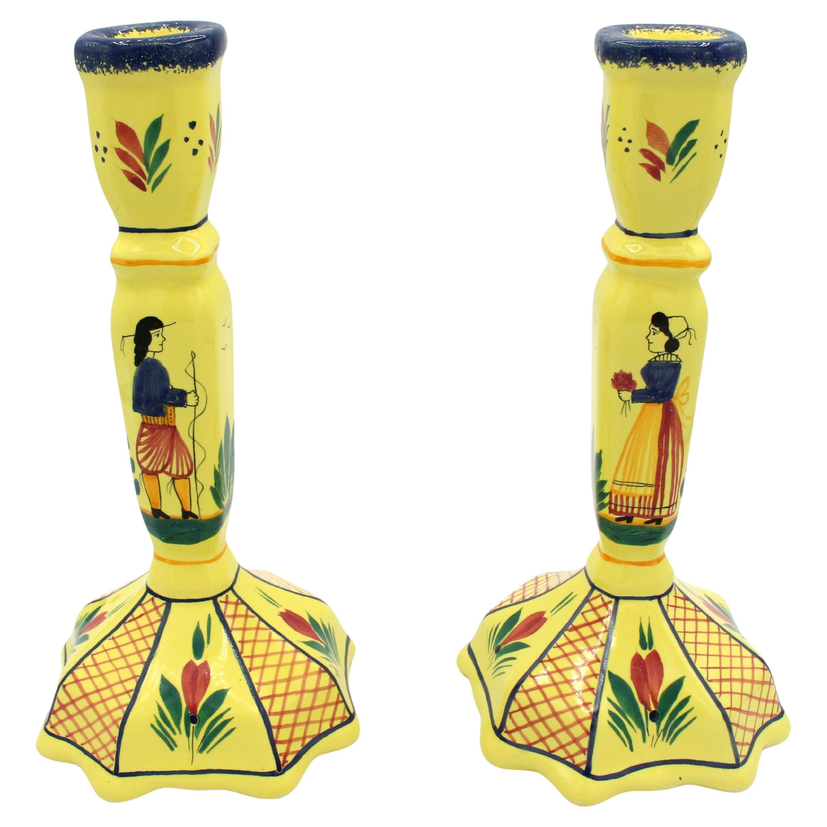 Pair of Yellow Ground Quimper Candlesticks, Late 20th Century For Sale