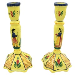 Pair of Yellow Ground Quimper Candlesticks, Late 20th Century