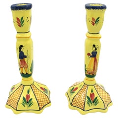 Retro Pair of Yellow Ground Quimper Candlesticks, Late 20th Century