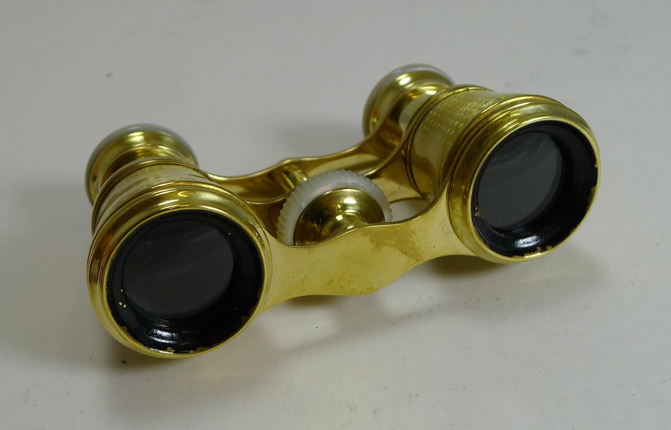 Brass Pair of Yellow Guilloche Enamel and Mother-of-Pearl Opera Glasses, circa 1910