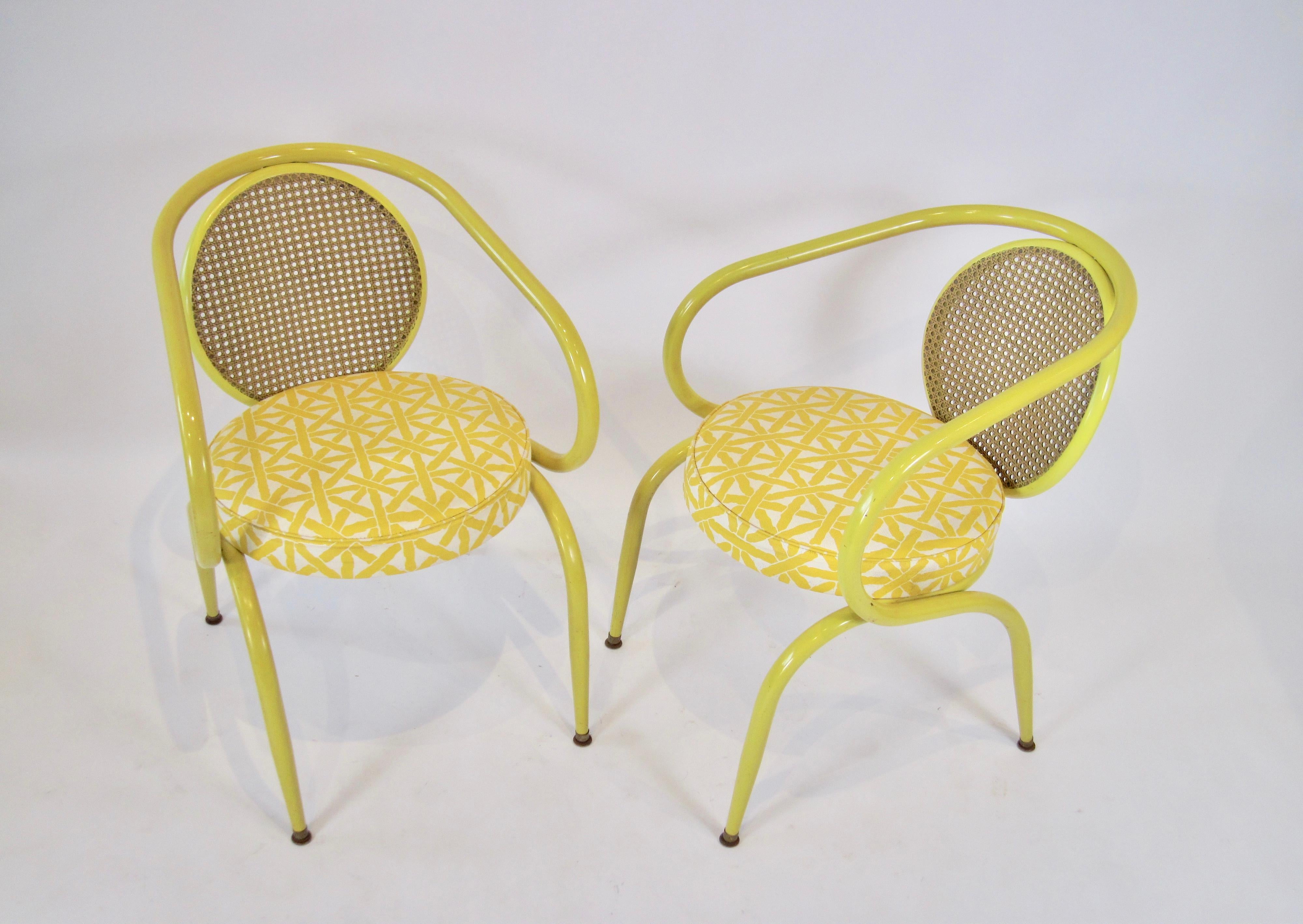 Hollywood Regency Pair of Yellow Howell 1970s Tubular Steel Decorator Chairs 