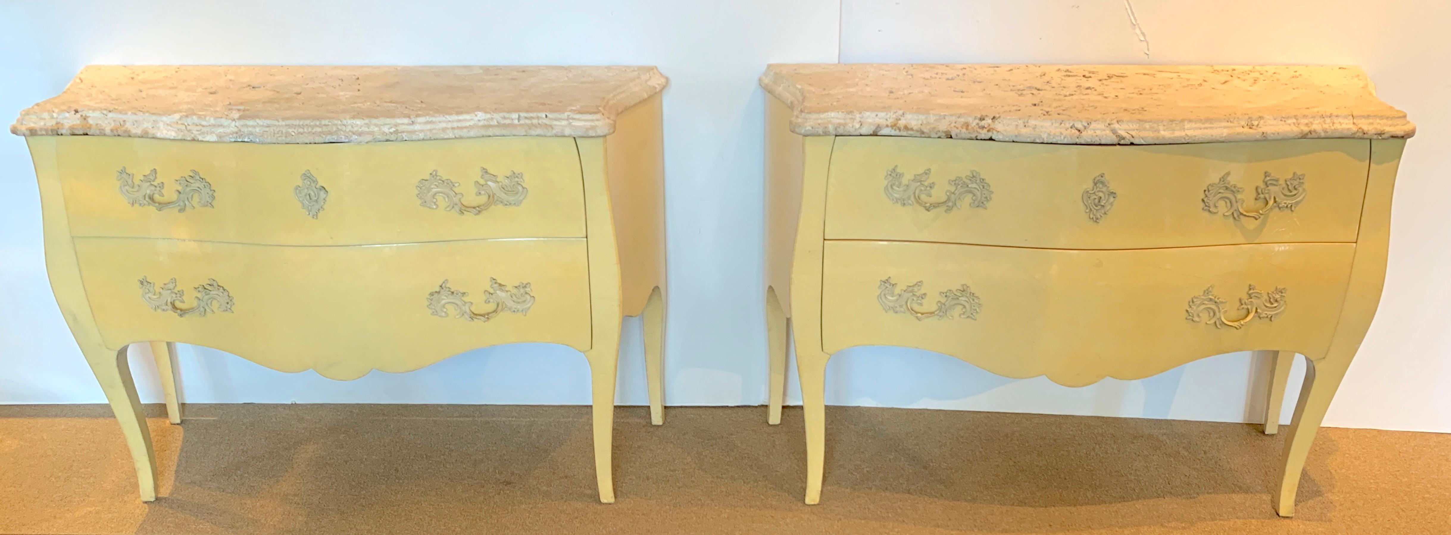Pair of yellow lacquered commodes with coral stone, by Decorative Crafts, Each one with fantastic variegated natural coral stone tops, the lower case with a yellow/blue polychromed lacquer, with an upper 8