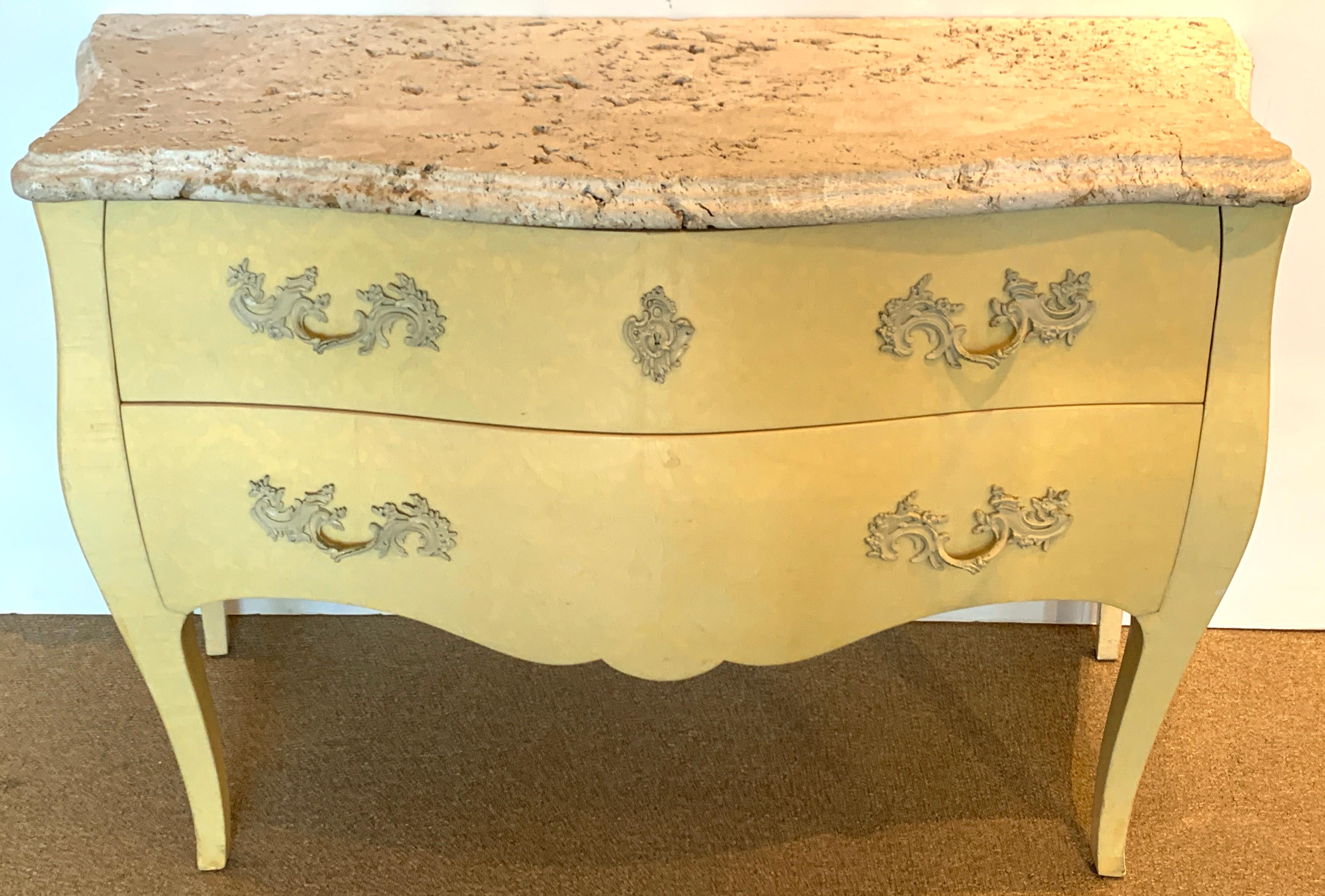 Neoclassical Pair of Yellow Lacquered Commodes with Coral Stone, by Decorative Crafts For Sale