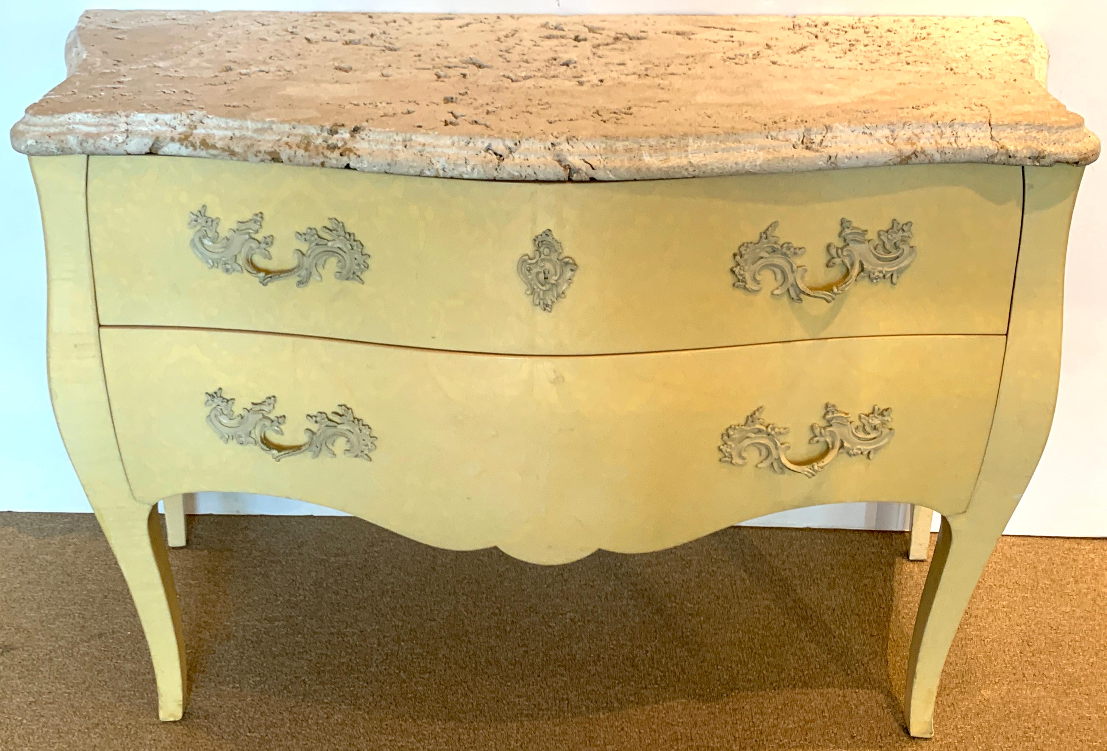 Italian Pair of Yellow Lacquered Commodes with Coral Stone, by Decorative Crafts For Sale