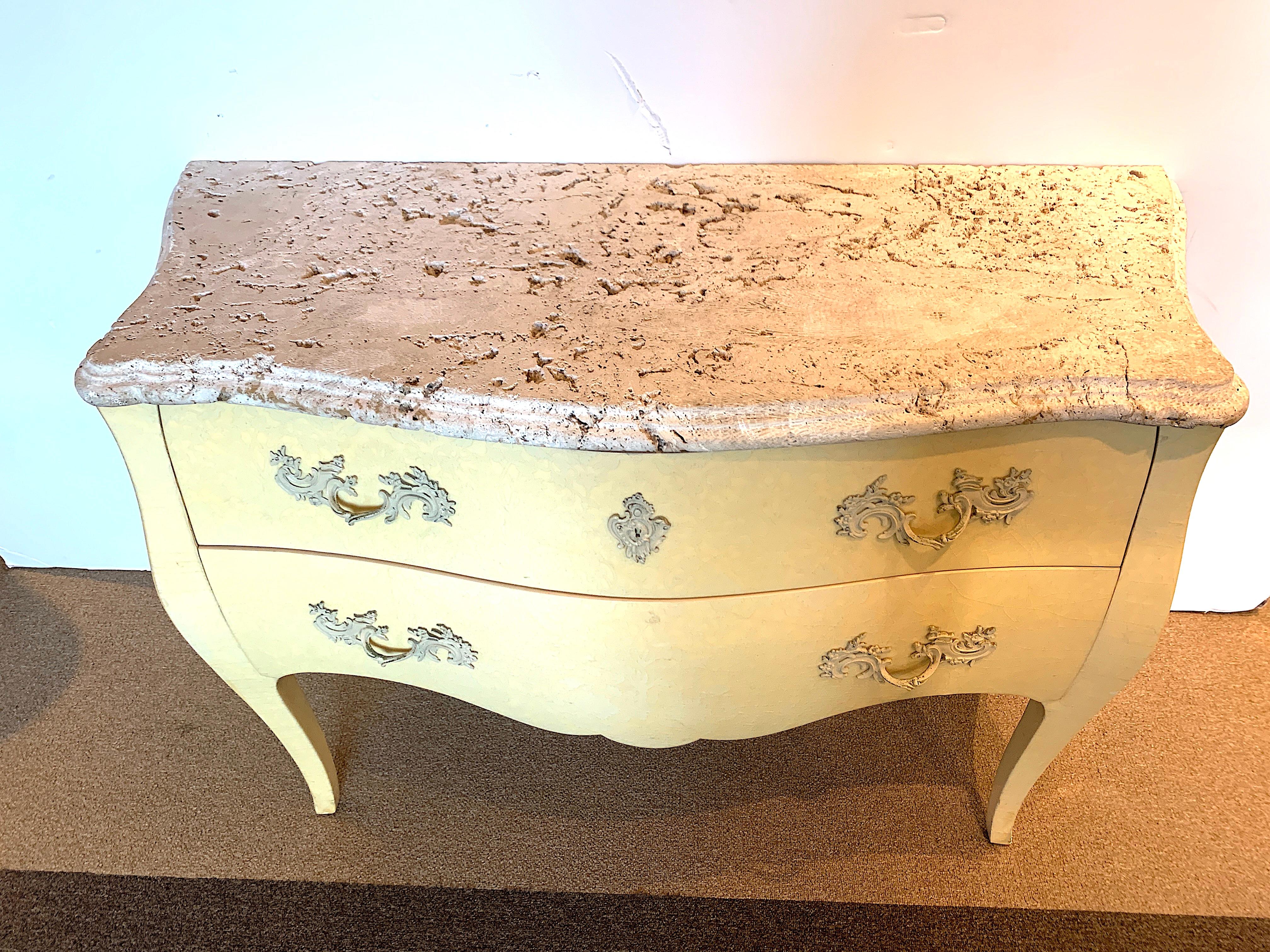 Wood Pair of Yellow Lacquered Commodes with Coral Stone, by Decorative Crafts For Sale