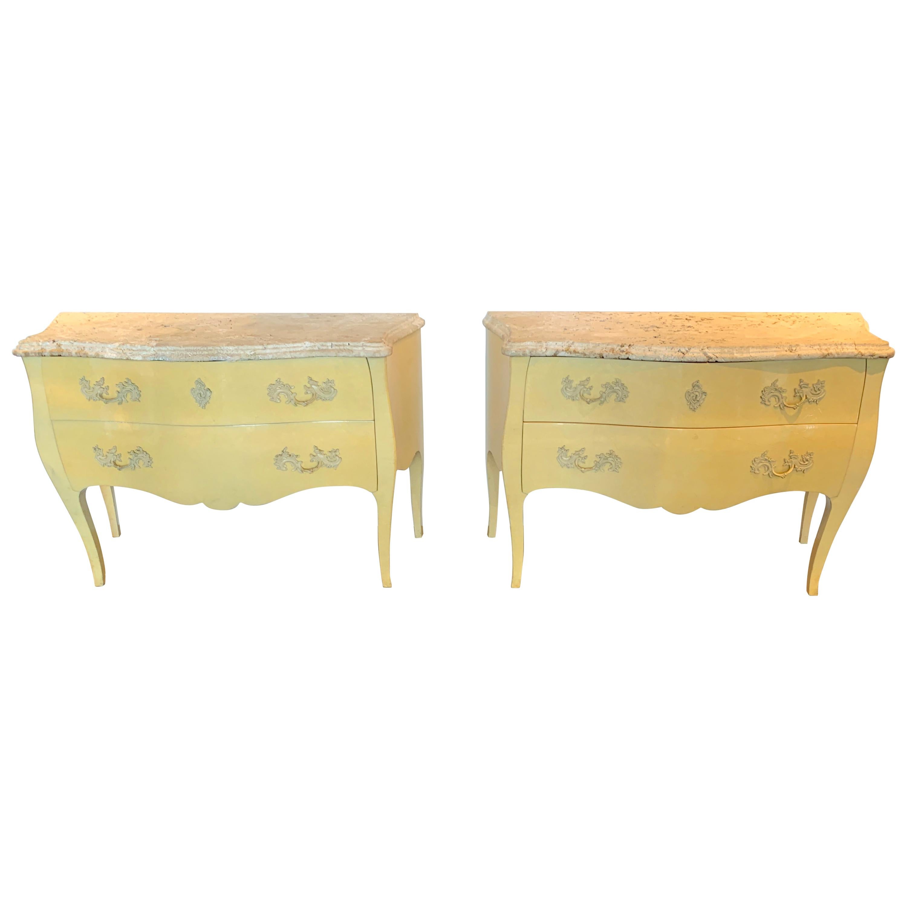 Pair of Yellow Lacquered Commodes with Coral Stone, by Decorative Crafts For Sale