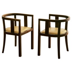 Pair of Yellow Leather and Wood Austrian Secessionist Accent Chairs