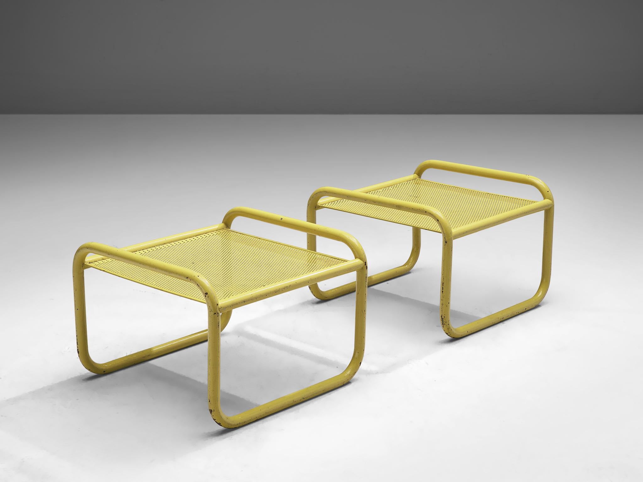 Gae Aulenti for Poltronova, 'Locus Solus' pair of stools, lacquered tubular steel, fabric and glass, Italy, 1964

Do you also love the movie La Piscine? You can bring its famous poolside furniture to your own garden. These seats are designed by