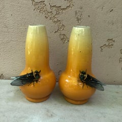 Pair of Yellow Majolica Cicada Vases Jerome Massier Fils