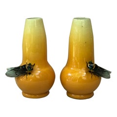 Antique Pair of Yellow Majolica Cicada Vases Jerome Massier Fils