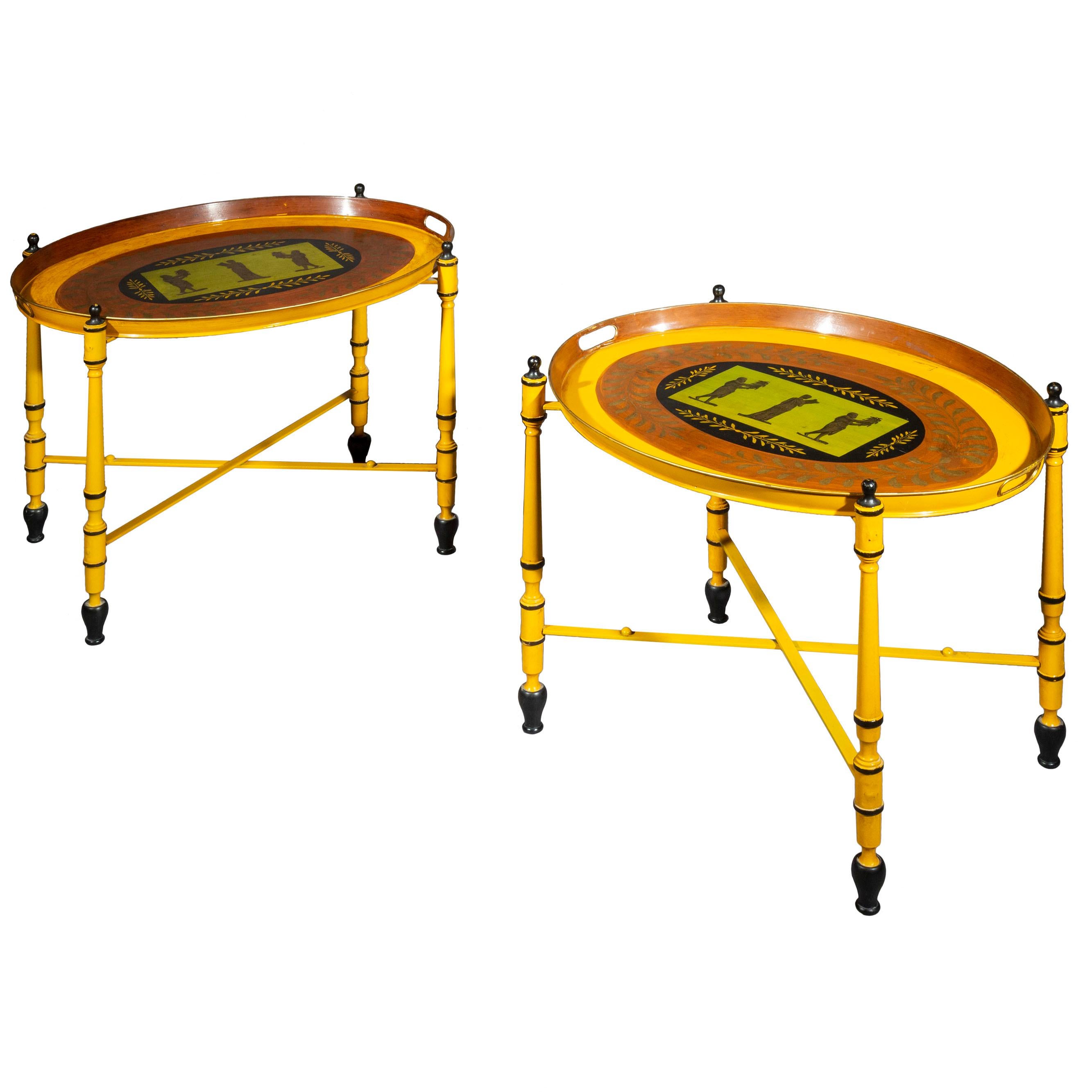 20th Century Pair of Yellow Mid-Century Tray Tables with Classical Figures