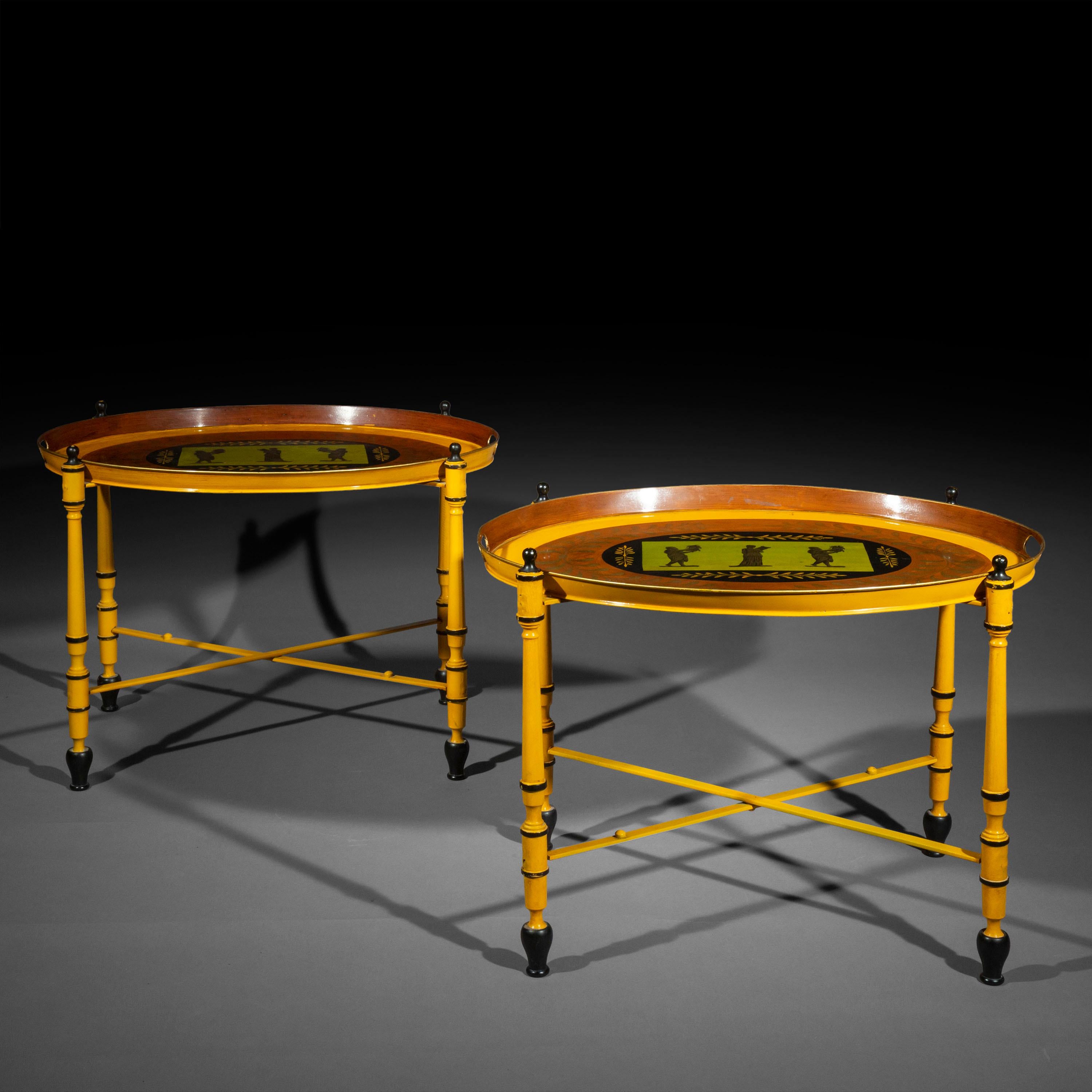 Metal Pair of Yellow Mid-Century Tray Tables with Classical Figures