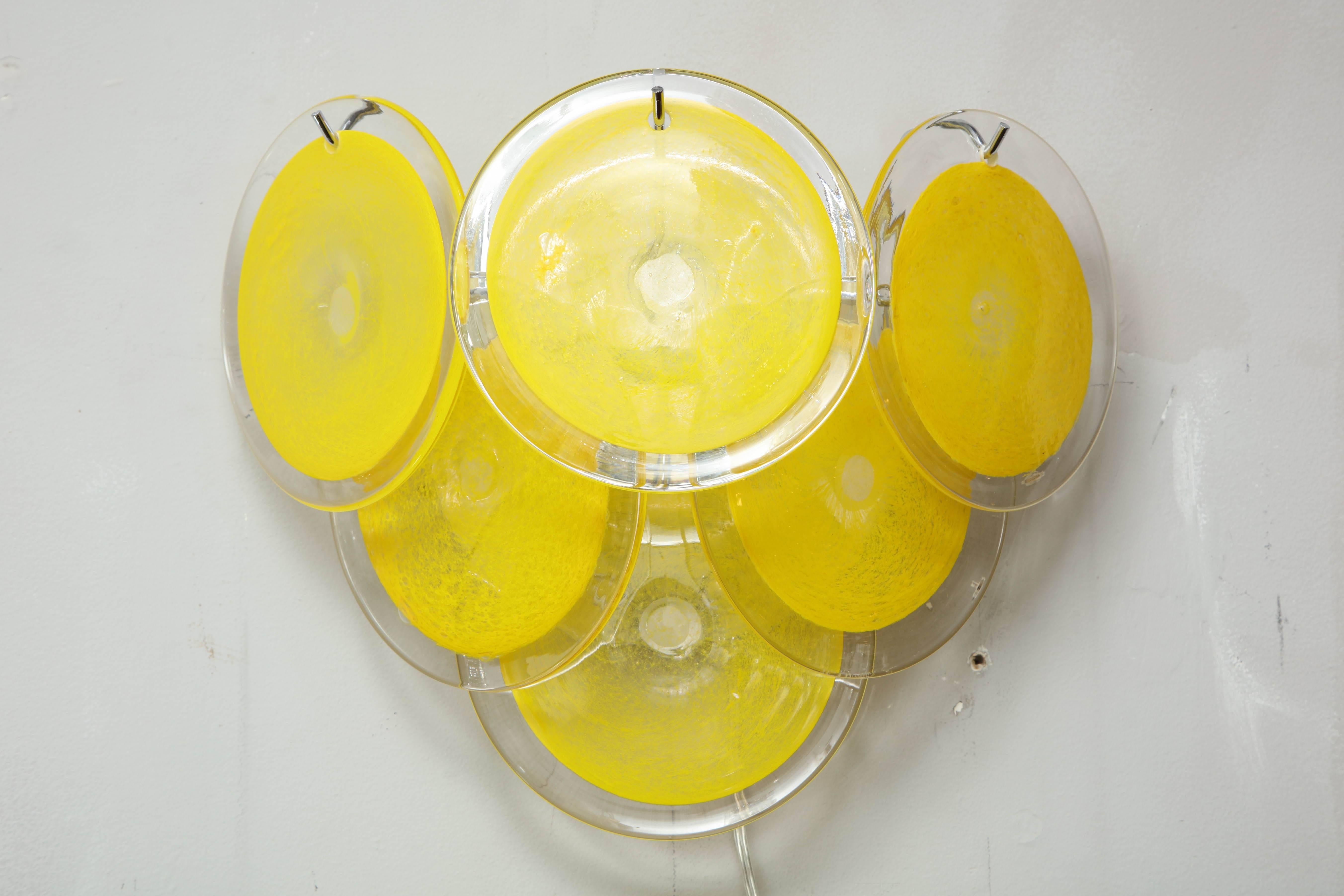 Mid-Century Modern Pair of Yellow Murano Glass Disc Sconces