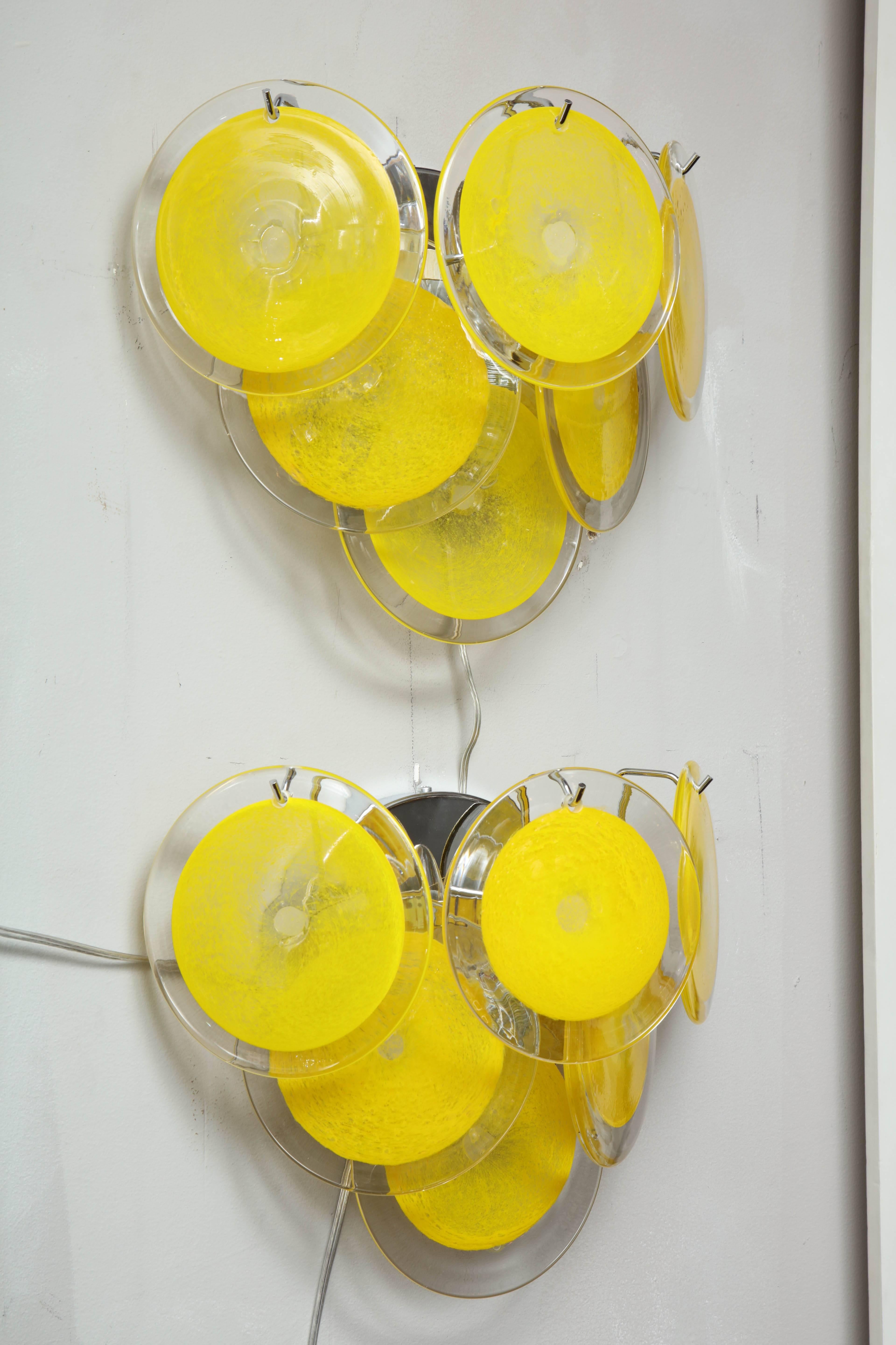 Italian Pair of Yellow Murano Glass Disc Sconces