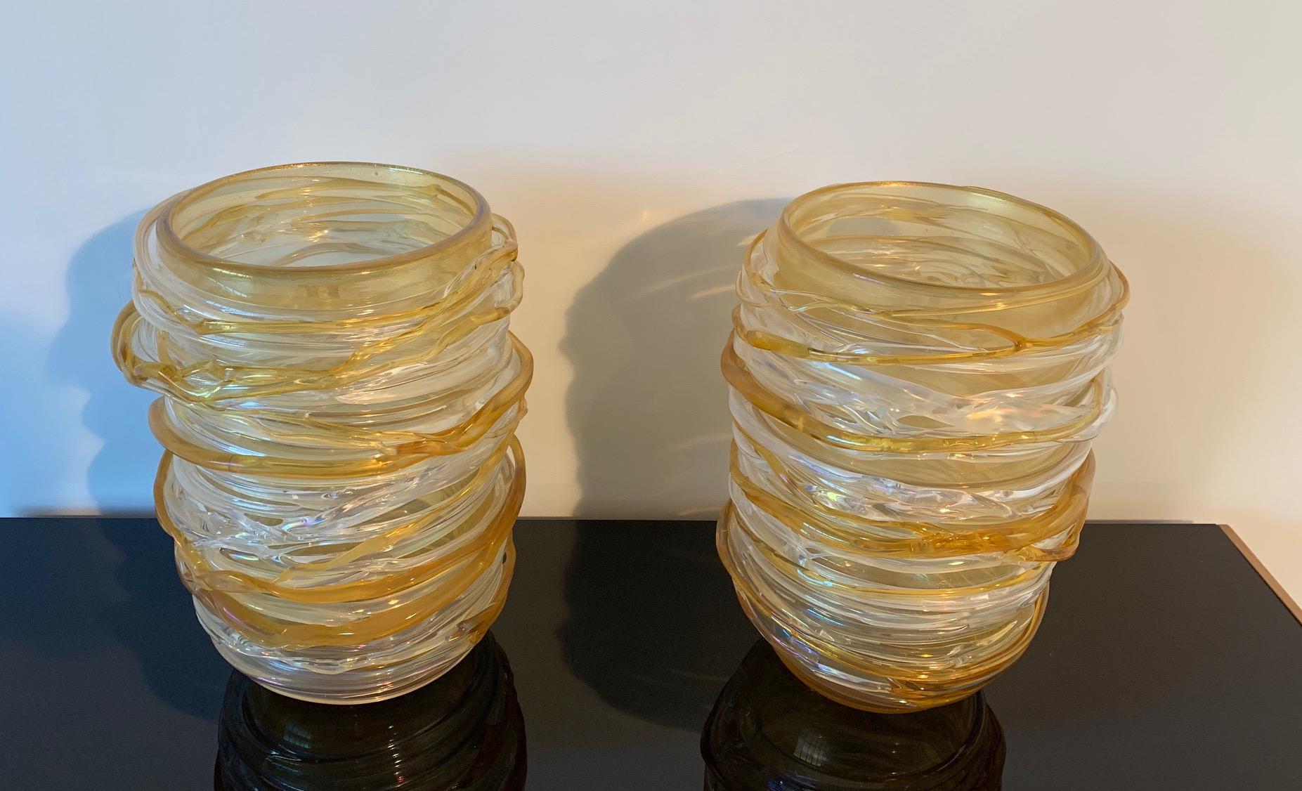 This pair of large yellow Murano glass vases are signed by Cenedese on the base.