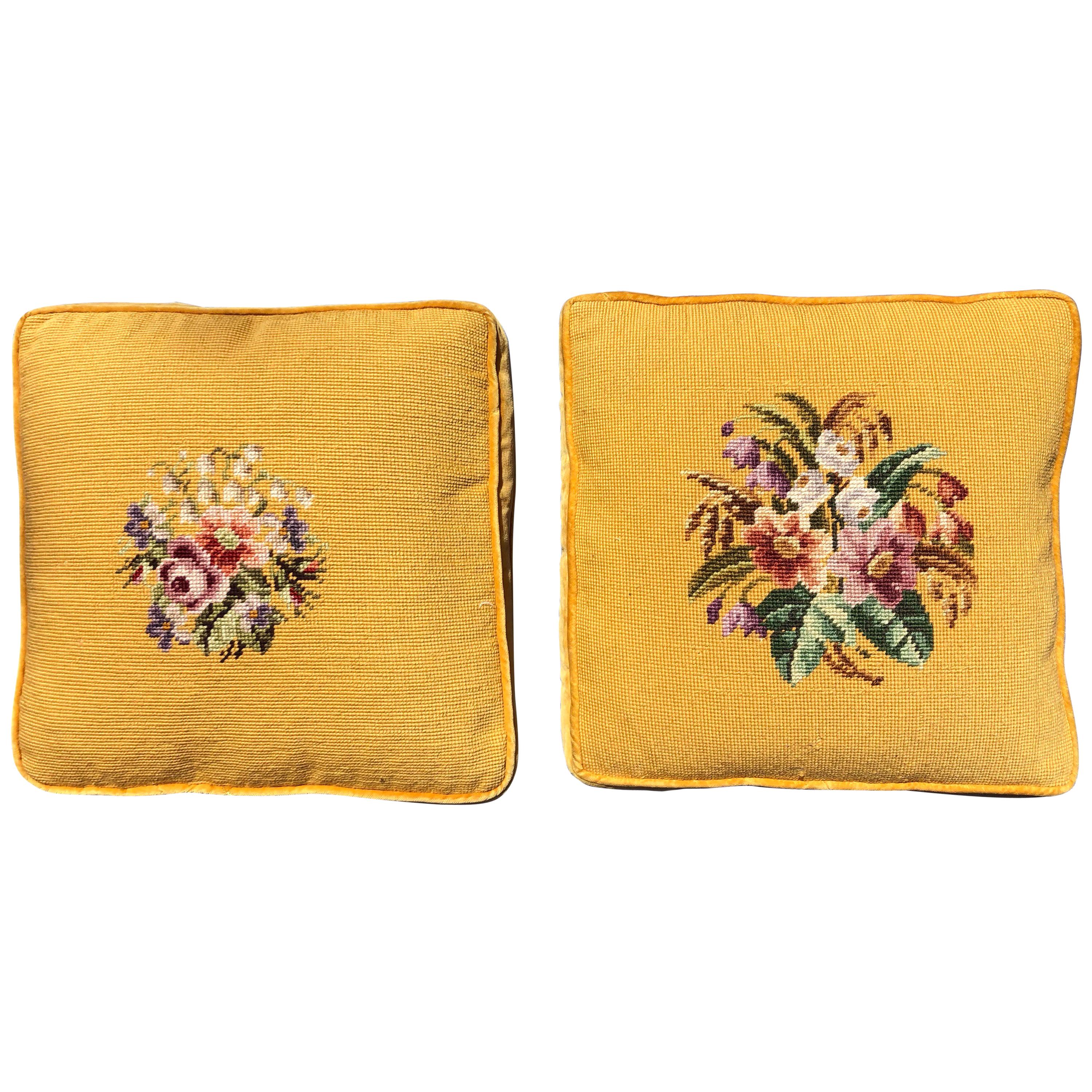 Pair of Yellow Needlepoint Embroidered Throw Pillows with Floral Motif For Sale