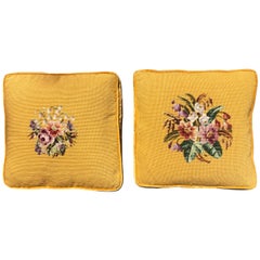 Vintage Pair of Yellow Needlepoint Embroidered Throw Pillows with Floral Motif