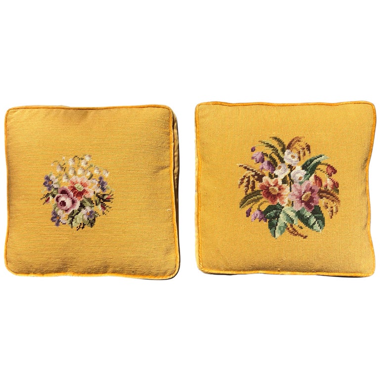 Pair of Yellow Needlepoint Embroidered Throw Pillows with Floral Motif