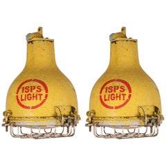 Vintage Pair of Yellow Painted Brass and Steel Nautical Pendant Lights
