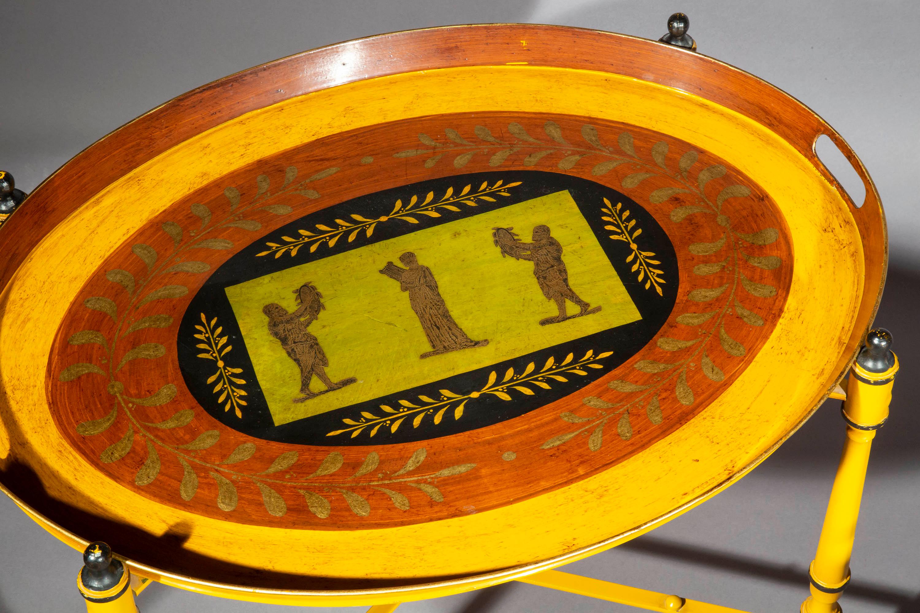 Pair of Yellow Mid-Century Tray Tables with Classical Figures In Good Condition For Sale In London, GB