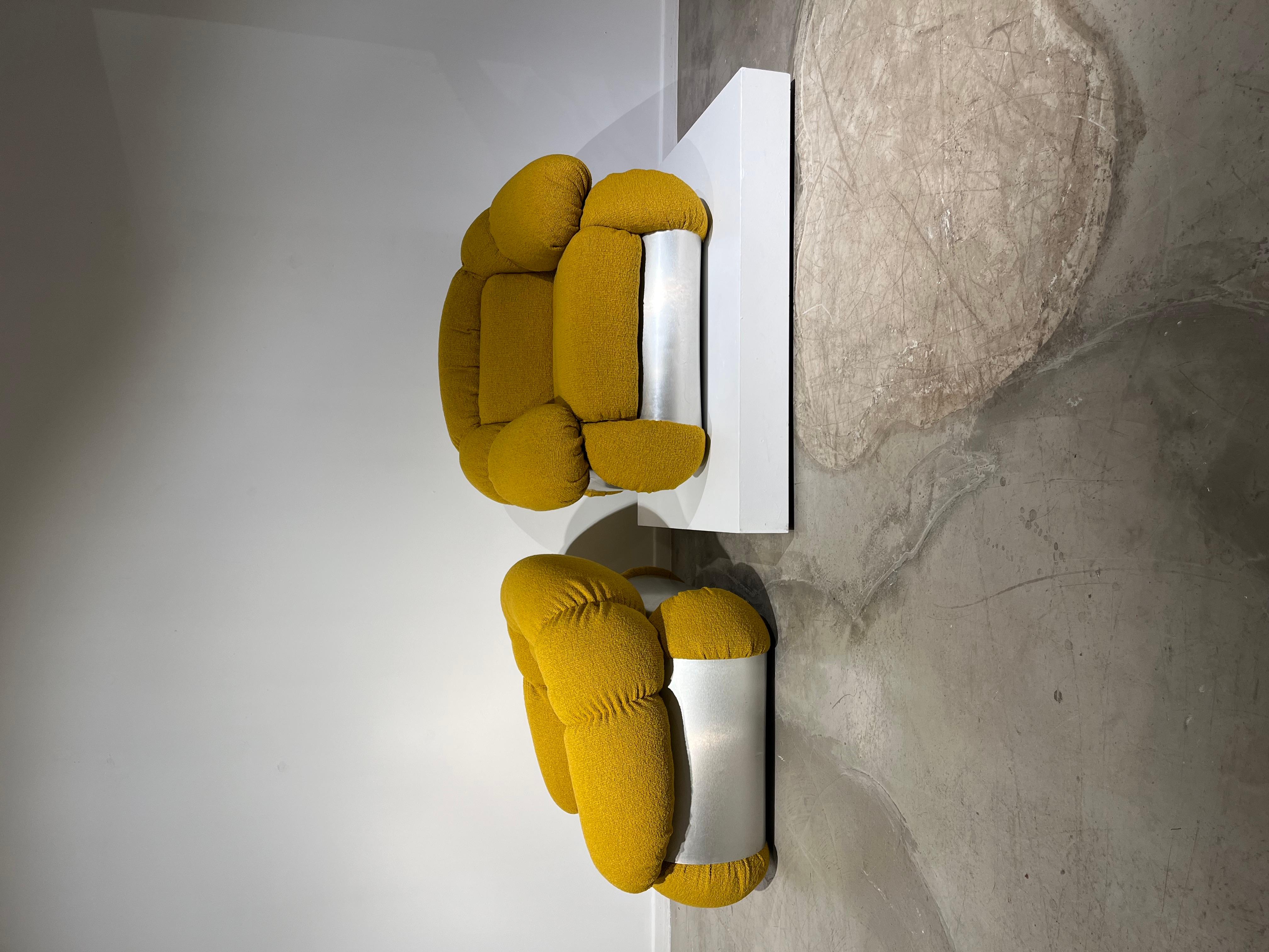 Amazing pair of Piazzesi easy chairs. So comfortable ! Yellow bouclette fabric with chromed panels 