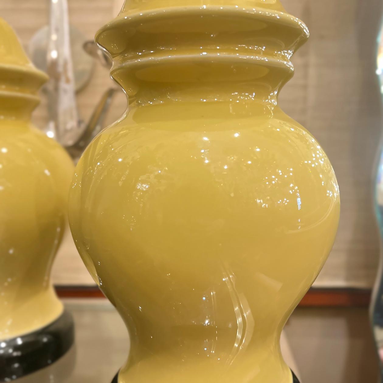 French Pair of Yellow Porcelain Lamps For Sale