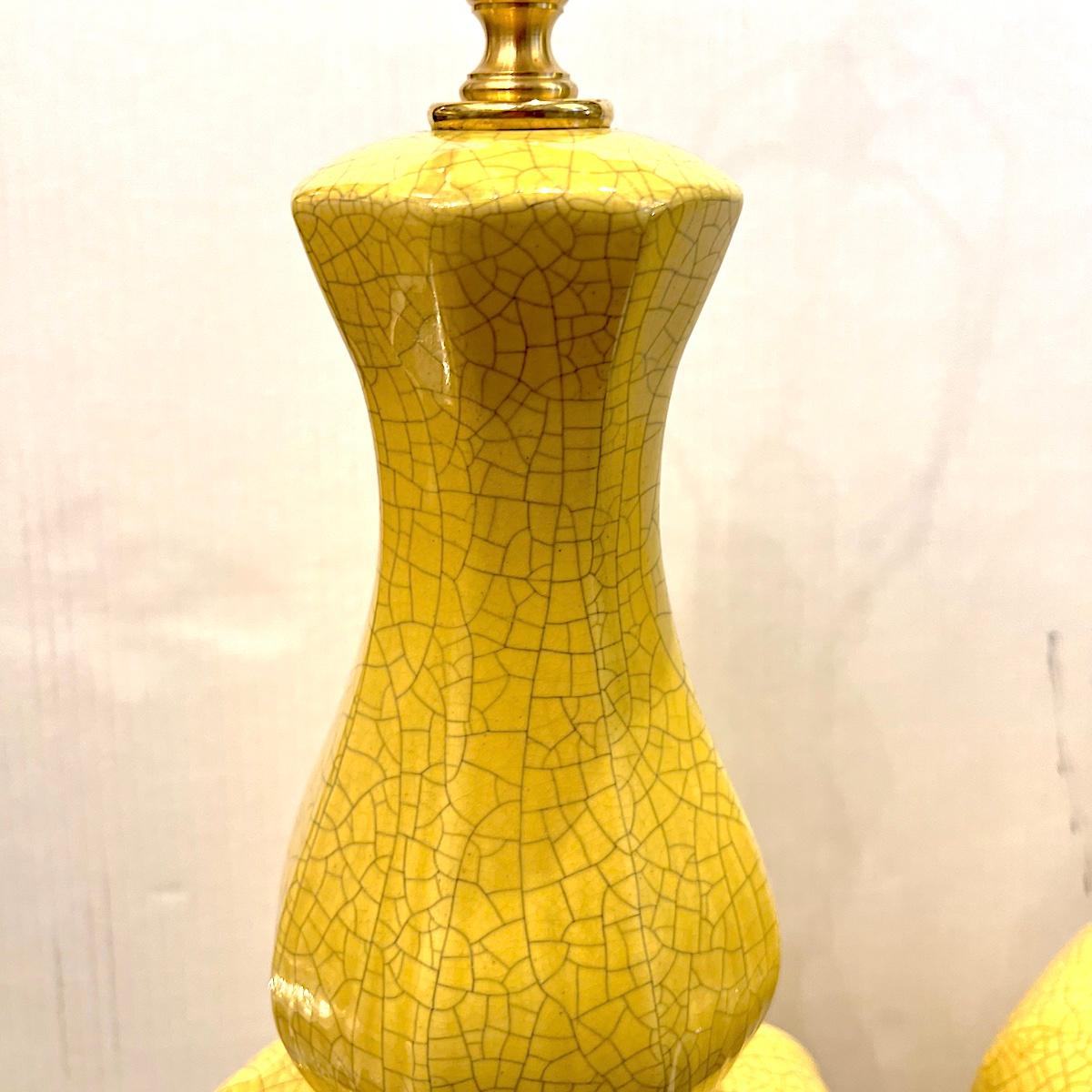 Glazed Pair of Yellow Porcelain Lamps For Sale